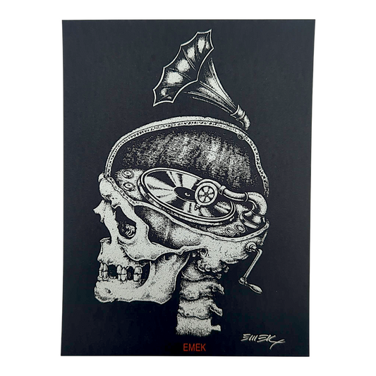 Emek 
Phonograph Skull (Black), 2005 
Screen Print on Archival Paper with Straight Cut Edges 
6.25 x 8.5 in 

Hand signed by the artist 
