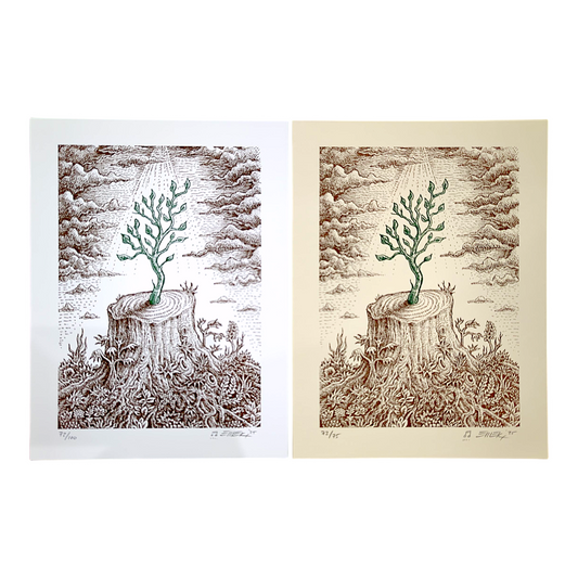 Emek 
The Re-Giving Tree, 2025 
Set of (2) Letterpress prints on 320 GSM cotton paper 
10.5 x 8 in 
Edition of 75 (Cream) | Edition of 100 (White) 

Hand signed, numbered, dated + doodled by the artist. Set includes matching edition numbered prints. 