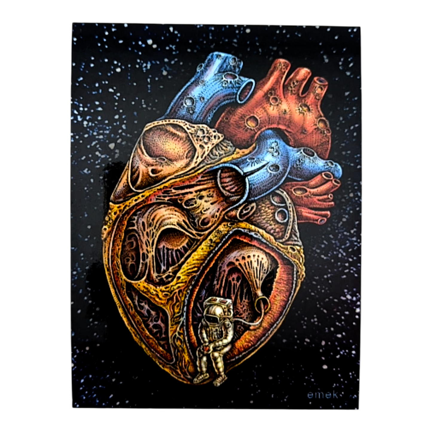 Colorful illustration of a mechanical heart with intricate details on a dark space-themed background.