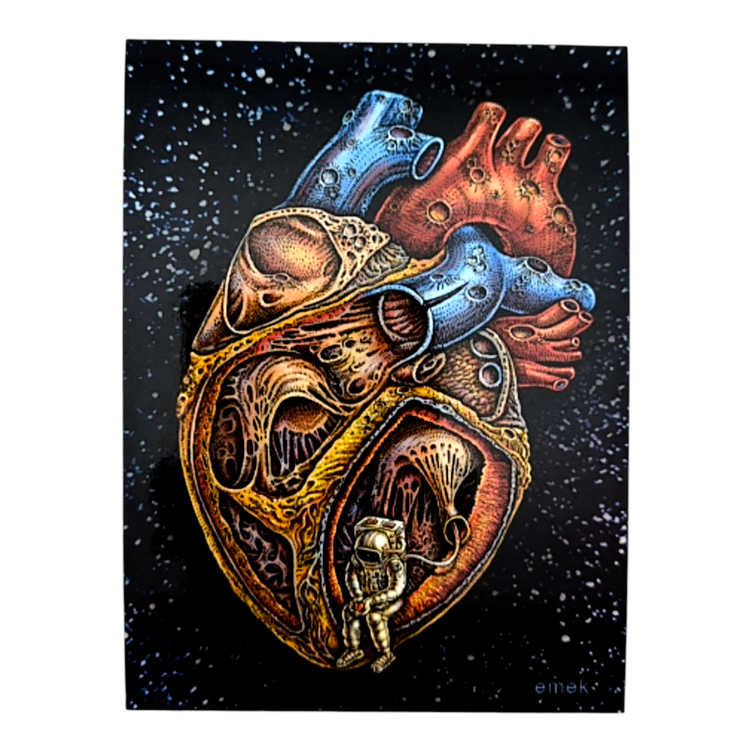 Colorful illustration of a mechanical heart with intricate details on a dark space-themed background.