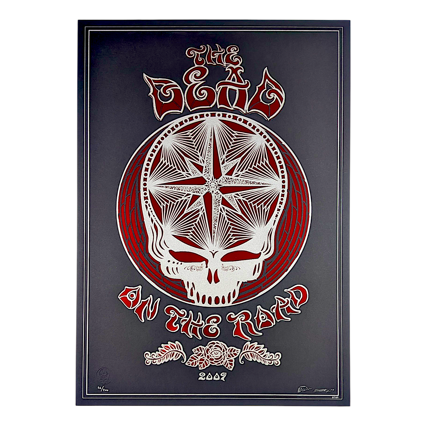 Emek
The Dead On the Road 2009 Tour
Laser cut screen print over foil paper
17 x 24 in
Edition of 200

Hand signed, numbered, dated + doodled by the artist

*Very minor imperfection (top right corner) - Please contact us if you would like a condition report + additional photos / videos