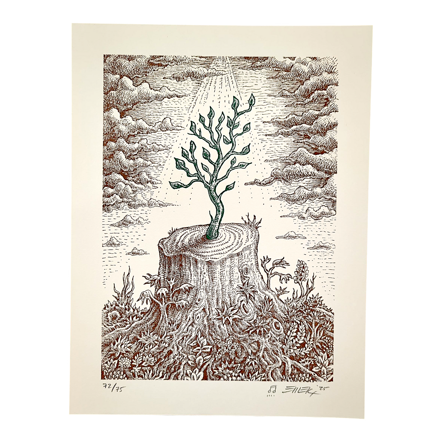 Emek 
The Re-Giving Tree (Cream), 2025 
Letterpress print on 320 GSM cotton paper 
10.5 × 8 in 
Edition of 75 

Hand signed, numbered, dated + doodled by the artist 