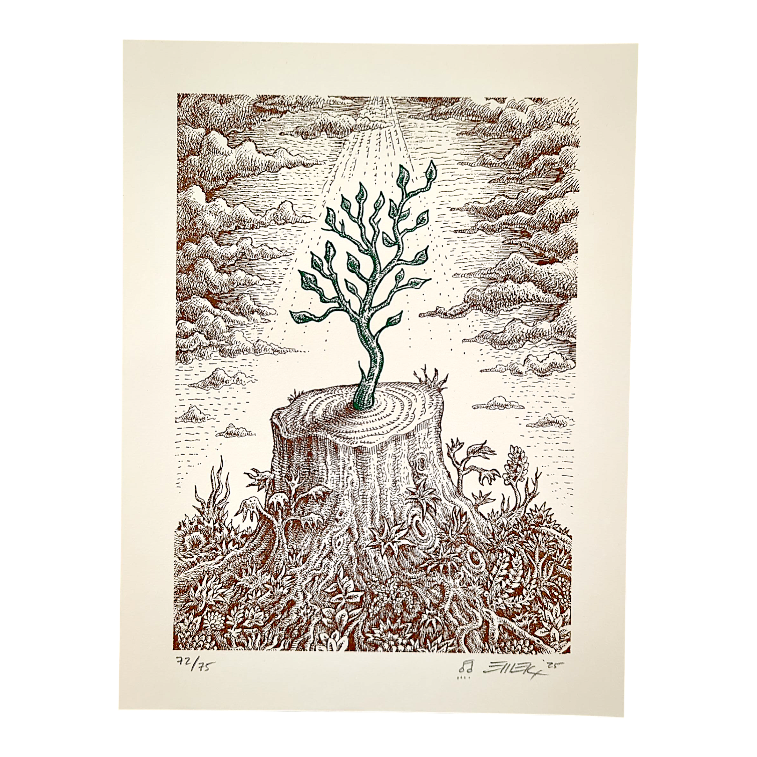 Emek 
The Re-Giving Tree (Cream), 2025 
Letterpress print on 320 GSM cotton paper 
10.5 × 8 in 
Edition of 75 

Hand signed, numbered, dated + doodled by the artist 