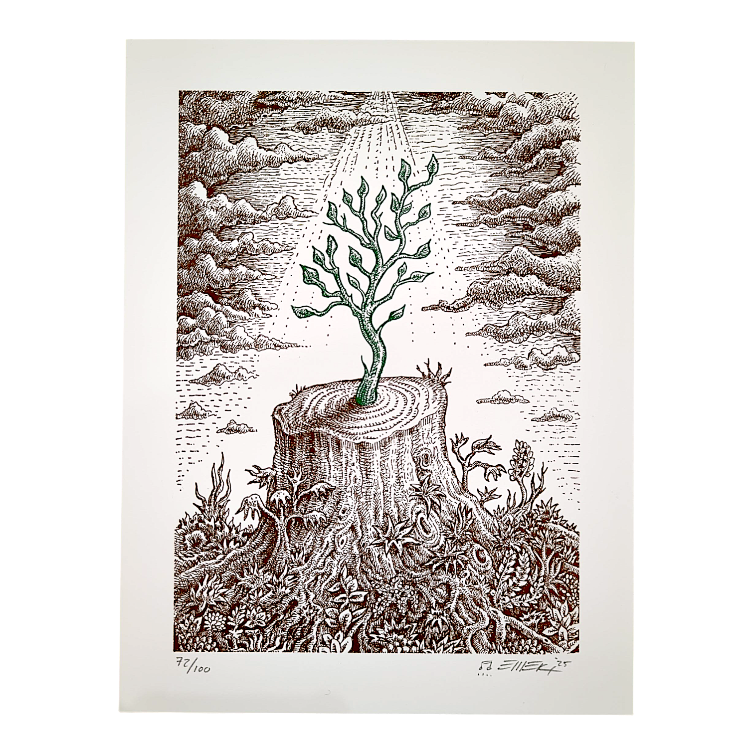 Emek 
The Re-Giving Tree (White), 2025 
Letterpress print on 320 GSM cotton paper 
10.5 × 8 in 
Edition of 100 

Hand signed, numbered, dated + doodled by the artist 