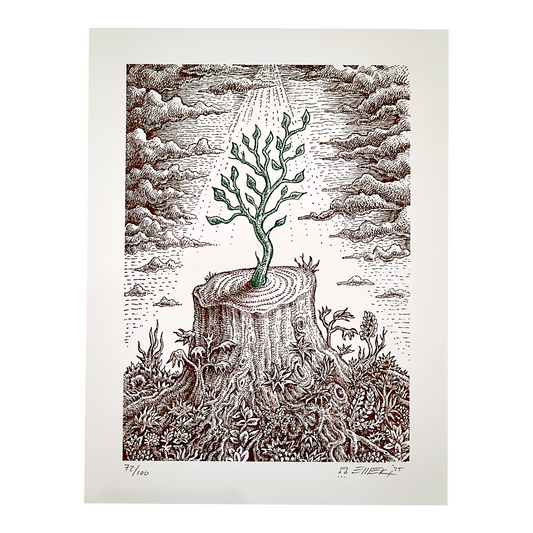 Emek 
The Re-Giving Tree (White), 2025 
Letterpress print on 320 GSM cotton paper 
10.5 × 8 in 
Edition of 100 

Hand signed, numbered, dated + doodled by the artist 