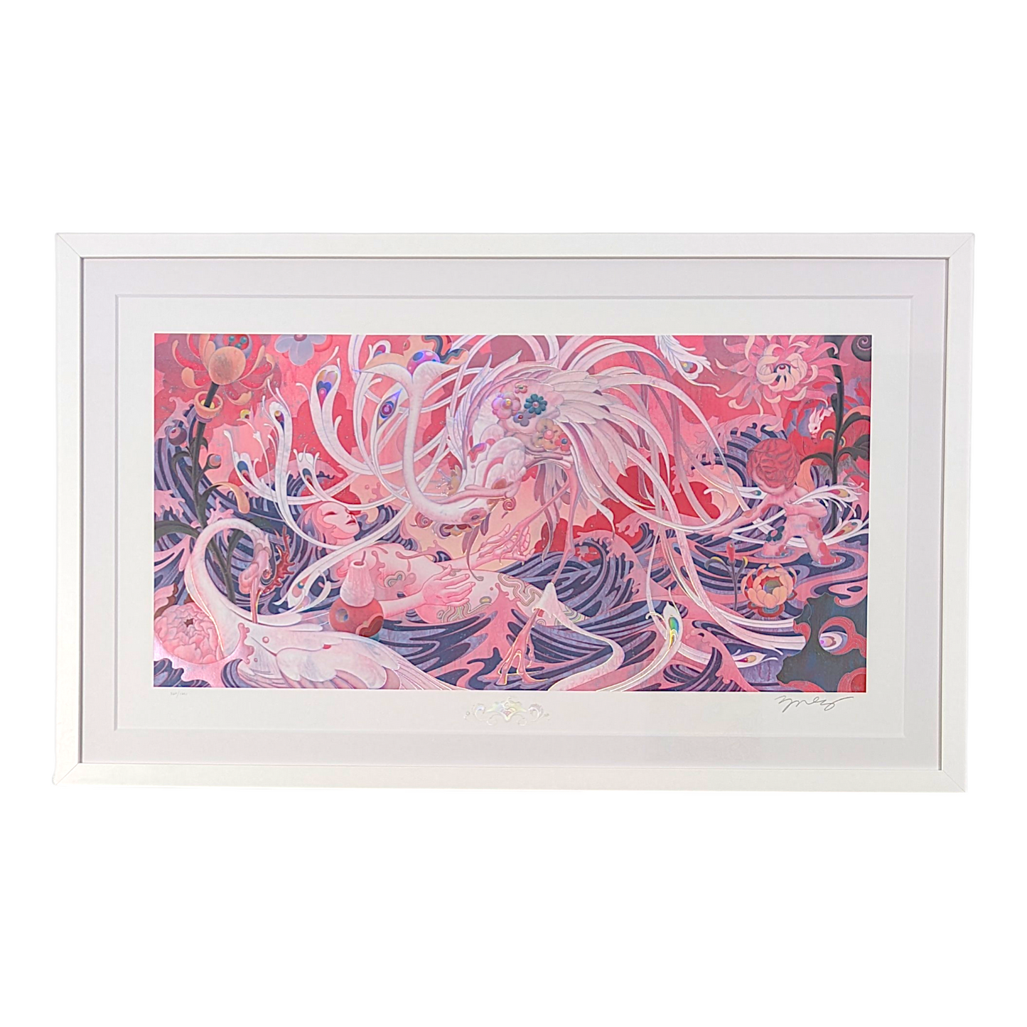 James Jean 
Adrift III, 2024 
Archival Print on Cotton Rag Paper 
Print: 39 x 21-1/2 in | Image: 35 x 17-5/16 in 
Edition of 1251 

Hand signed + numbered by the artist 

Custom Frame: 

44.5 x 27 x 1 in 
Tru Vue Conservation Grade 99% UV Protection Plexiglass 
FROM JAMES JEAN 
Adrift III is a signed and numbered time-limited edition of multiprocess prints. A figure reminiscent of Ophelia from John Everett Millais’s painting floats amidst a turbulent ocean, encircled by two mythical birds that create a prot