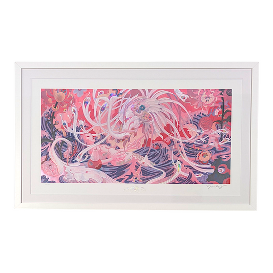 James Jean 
Adrift III, 2024 
Archival Print on Cotton Rag Paper 
Print: 39 x 21-1/2 in | Image: 35 x 17-5/16 in 
Edition of 1251 

Hand signed + numbered by the artist 

Custom Frame: 

44.5 x 27 x 1 in 
Tru Vue Conservation Grade 99% UV Protection Plexiglass 
FROM JAMES JEAN 
Adrift III is a signed and numbered time-limited edition of multiprocess prints. A figure reminiscent of Ophelia from John Everett Millais’s painting floats amidst a turbulent ocean, encircled by two mythical birds that create a prot