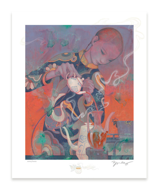 James Jean
Teatime III, 2025
Archival Print on Cotton Rag Paper
Print: 27-3/16 x 21-13/16 in | Image: 22-1/16 x 17-5/8 in
Edition of TBD

Hand Signed + Numbered by the artist

FROM JAMES JEAN
The leaves steep in hot water and release their essence. The guest pauses for a moment of reflection as the liquid flows from vessel to vessel. White wisps of steam drift and dissolve into the air. In her earpiece, instructions arrive in hushed tones. The soft murmur of the pouring fades, and the ritual is complete.