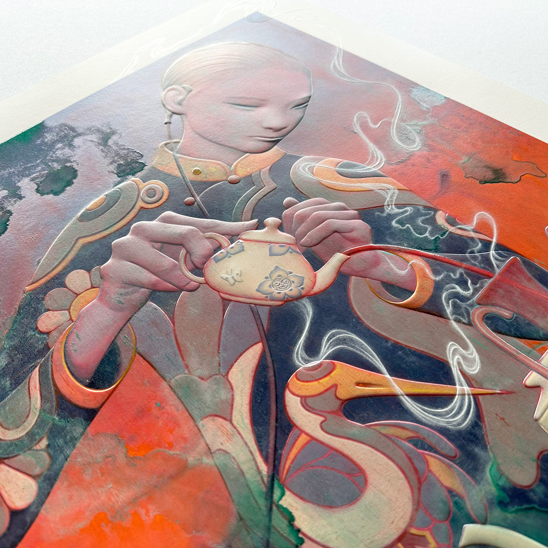 James Jean
Teatime III, 2025
Archival Print on Cotton Rag Paper
Print: 27-3/16 x 21-13/16 in | Image: 22-1/16 x 17-5/8 in
Edition of TBD

Hand Signed + Numbered by the artist

FROM JAMES JEAN
The leaves steep in hot water and release their essence. The guest pauses for a moment of reflection as the liquid flows from vessel to vessel. White wisps of steam drift and dissolve into the air. In her earpiece, instructions arrive in hushed tones. The soft murmur of the pouring fades, and the ritual is complete.