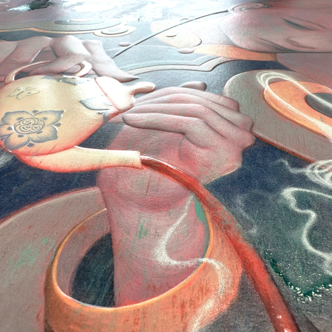 James Jean
Teatime III, 2025
Archival Print on Cotton Rag Paper
Print: 27-3/16 x 21-13/16 in | Image: 22-1/16 x 17-5/8 in
Edition of TBD

Hand Signed + Numbered by the artist

FROM JAMES JEAN
The leaves steep in hot water and release their essence. The guest pauses for a moment of reflection as the liquid flows from vessel to vessel. White wisps of steam drift and dissolve into the air. In her earpiece, instructions arrive in hushed tones. The soft murmur of the pouring fades, and the ritual is complete.