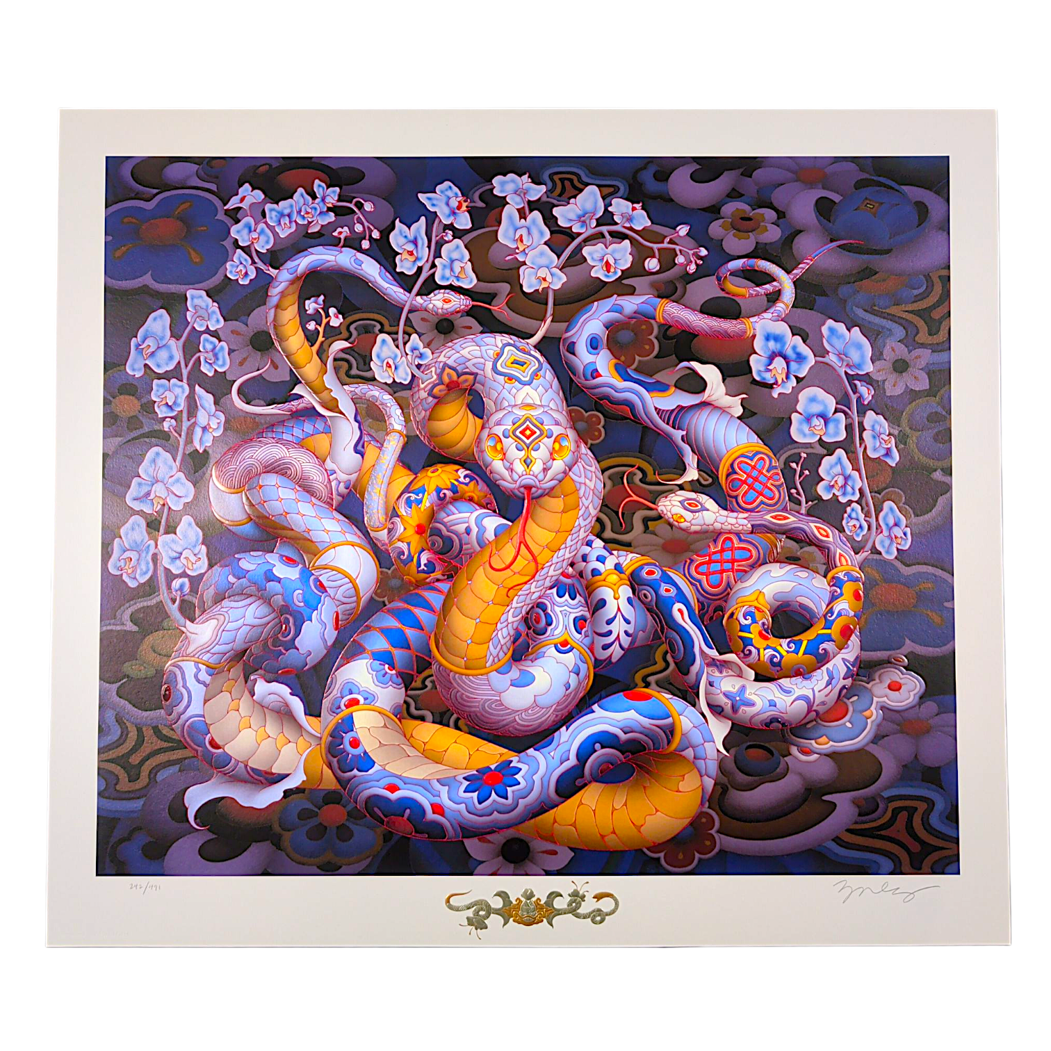 James Jean 
Year of the Snake, 2025 
Archival Print on Cotton Rag Paper 
Print:  24-1/2 x 21-5/8 in | Image: 22 x 18-5/8 in 
Edition of 491

Hand Signed + Numbered by the artist