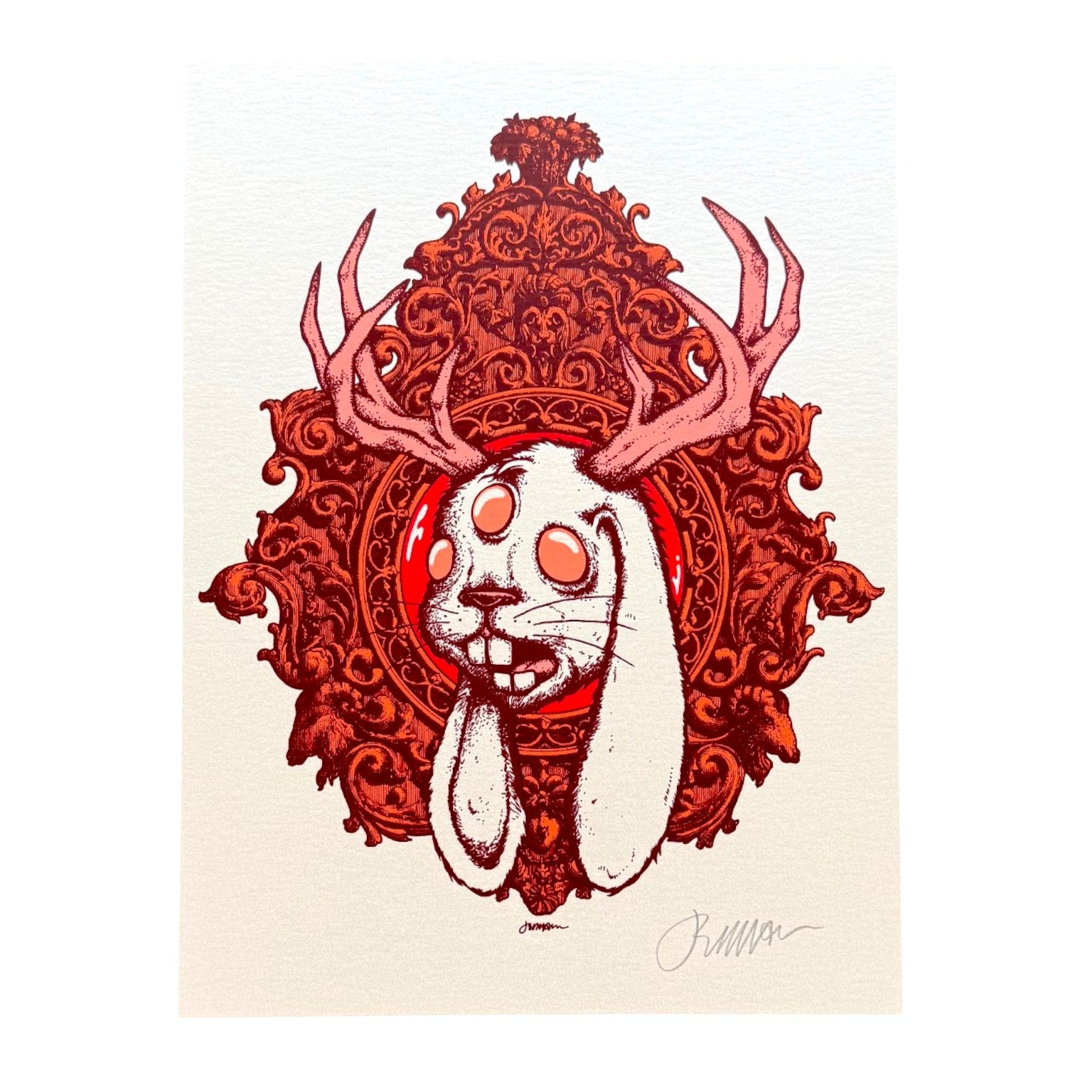 Jermaine Rogers 
Jackalope (Stardream Opal - "Red Mirror" Variant), 2026 
Screen print on stardream opal with semi-metalic finish 
9 x 12 in 
Artist's Proof  

Hand signed by the artist