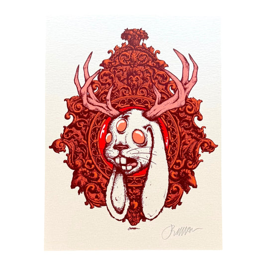 Jermaine Rogers 
Jackalope (Stardream Opal - "Red Mirror" Variant), 2026 
Screen print on stardream opal with semi-metalic finish 
9 x 12 in 
Artist's Proof  

Hand signed by the artist