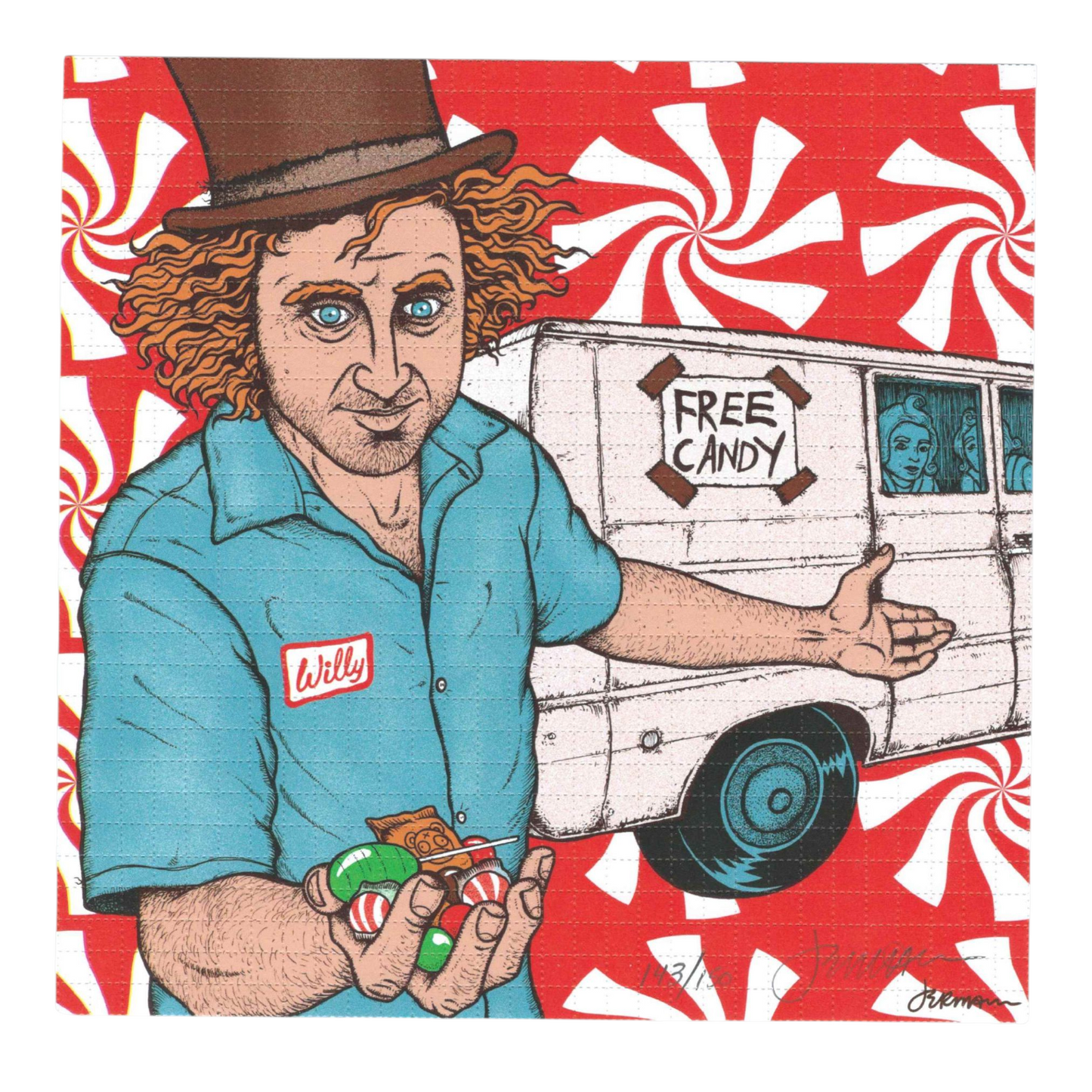 Jermaine Rogers 
The Candyman, 2023 
Archival Pigment Print on Perforated Blotter Paper 
7.5 x 7.5 in 
Edition of 150 

Hand signed + numbered by the artist 