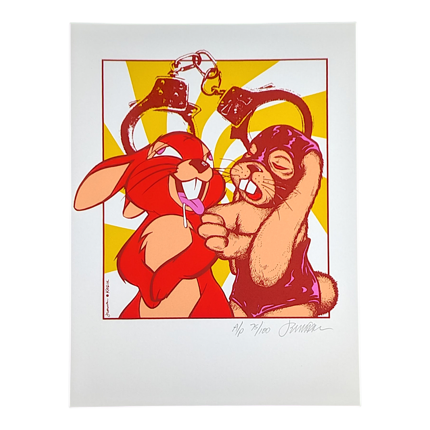 Jermaine Rogers x Frank Kozik 
Tough Love, 2024
Screen print
9 x 12 in
Artist's Proof Edition of 100

Hand signed + numbered by the artist