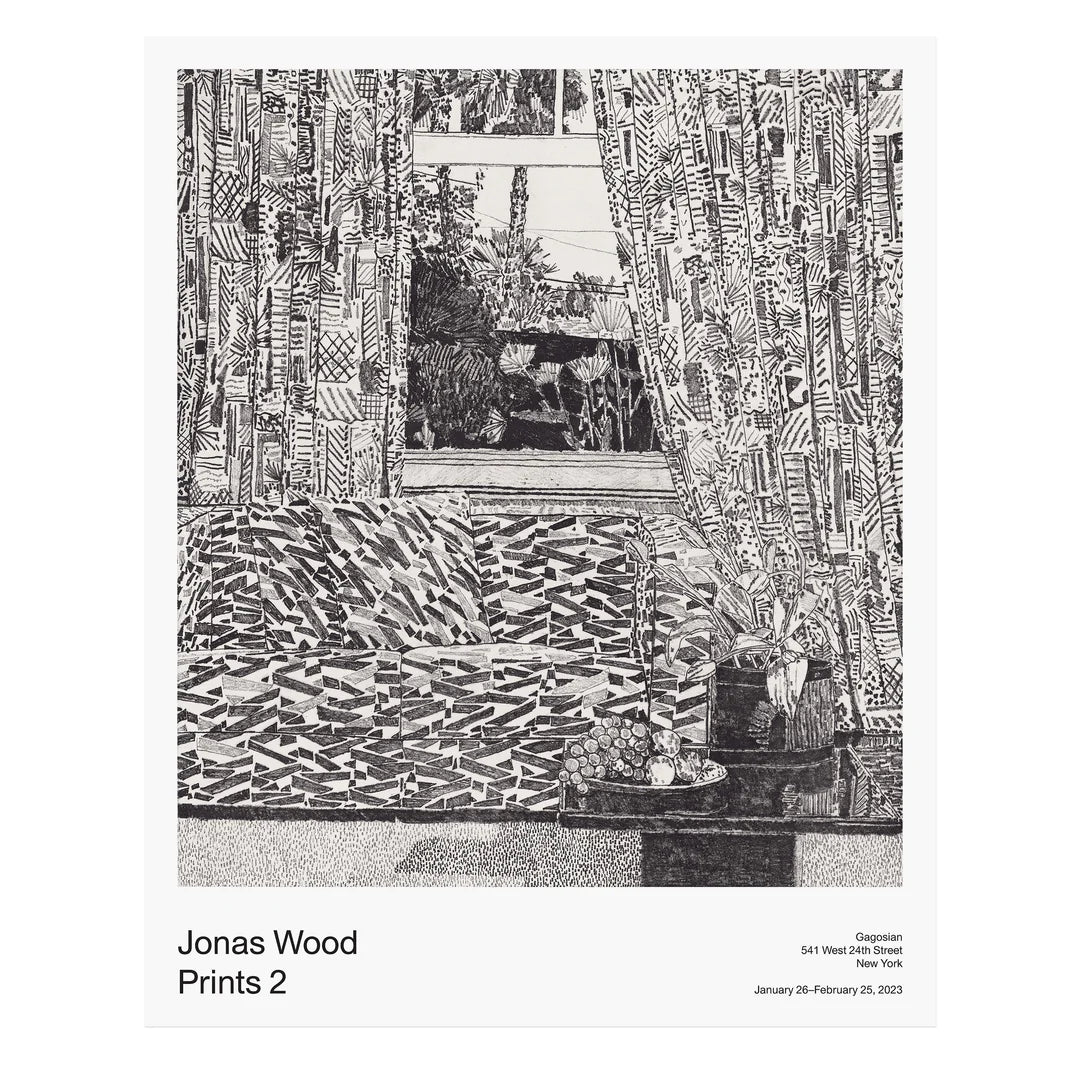 Jonas Wood Pattern Couch Interior with Mar Vista View, 2023 Offset Lithograph 24 × 30 in FROM GAGOSIAN This poster featuring Pattern Couch Interior with Mar Vista View (2020) was produced in 2023, in conjunction with the exhibition Jonas Wood: Prints 2 at Gagosian, 541 West 24th Street, New York. In Wood’s soft-ground etching, a fragment of landscape is visible through an open window framed by patterned curtains, furniture, and other objects occupying a foregrounded domestic interior.