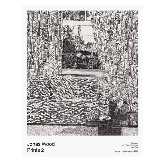 Jonas Wood Pattern Couch Interior with Mar Vista View, 2023 Offset Lithograph 24 × 30 in FROM GAGOSIAN This poster featuring Pattern Couch Interior with Mar Vista View (2020) was produced in 2023, in conjunction with the exhibition Jonas Wood: Prints 2 at Gagosian, 541 West 24th Street, New York. In Wood’s soft-ground etching, a fragment of landscape is visible through an open window framed by patterned curtains, furniture, and other objects occupying a foregrounded domestic interior.