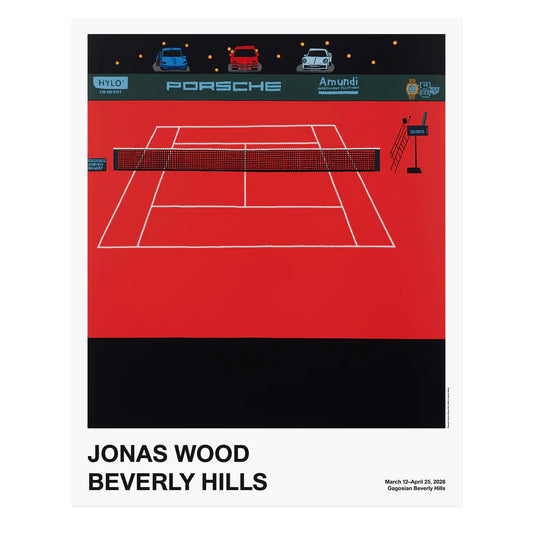 Jonas Wood Porsche Tennis Grand Prix, 2026 Offset Lithograph 24 × 30 in FROM GAGOSIAN This poster featuring Porsche Tennis Grand Prix (2025) was produced in 2026, in conjunction with Jonas Wood at Gagosian, Beverly Hills, an exhibition of new tennis court paintings by the artist. Each work represents matches held at prominent Association of Tennis Professionals (ATP), Women’s Tennis Association (WTA), and Olympic tournaments. The individual details of each court are depicted in a distinct abstracted style 