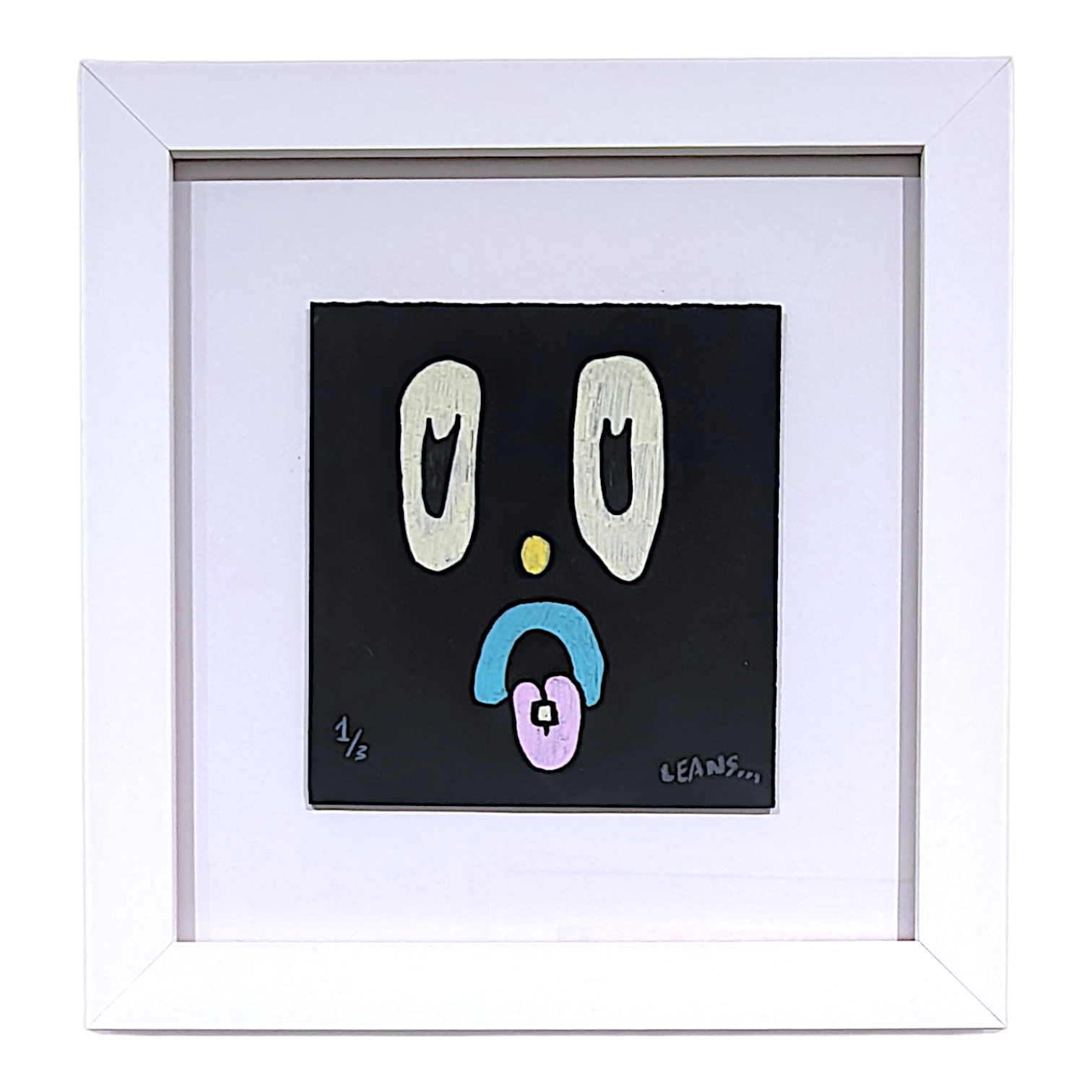 Leans (Sam Wilkinson) 
Leansy Face 2 
Acrylic Paint & Fine Art Pencil on 200 GSM Paper 
Approx. 6 x 6 in 

Hand signed by the artist. One of three "Leansy Face 2" original art pieces. 

Custom Frame: 

12 x 12.5 x 1 in 
Tru Vue Conservation Grade 99% UV Protection Plexiglass 

SHARE