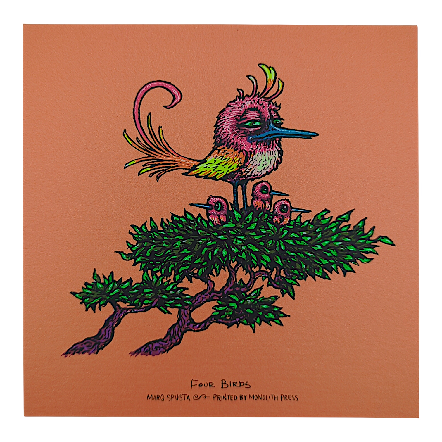 Marq Spusta
Four Birds (OJ Sherbet), 2023
Screen print 
5 x 5 in

Plate Signed