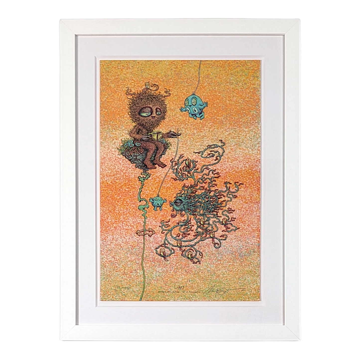 Marq Spusta 
Lures (Orange), 2019 
Screen print 
12 x 18 in 
Edition of 25 

Hand signed + numbered by the artist 

Custom Frame: 

18 x 24 x 1 in 
Tru Vue Conservation Grade 99% UV Protection Plexiglass 