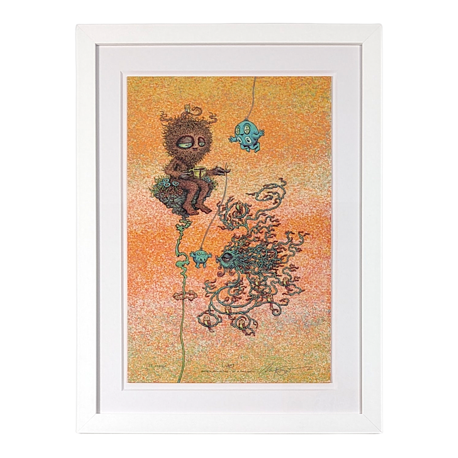 Marq Spusta 
Lures (Orange), 2019 
Screen print 
12 x 18 in 
Edition of 25 

Hand signed + numbered by the artist 

Custom Frame: 

18 x 24 x 1 in 
Tru Vue Conservation Grade 99% UV Protection Plexiglass 