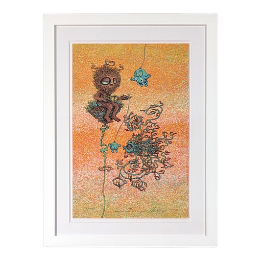 Marq Spusta 
Lures (Orange), 2019 
Screen print  
12 x 18 in 
Edition of 25 

Hand signed + numbered by the artist 

Custom Frame: 

18 x 24 x 1 in 
Tru Vue Conservation Grade 99% UV Protection Plexiglass 
