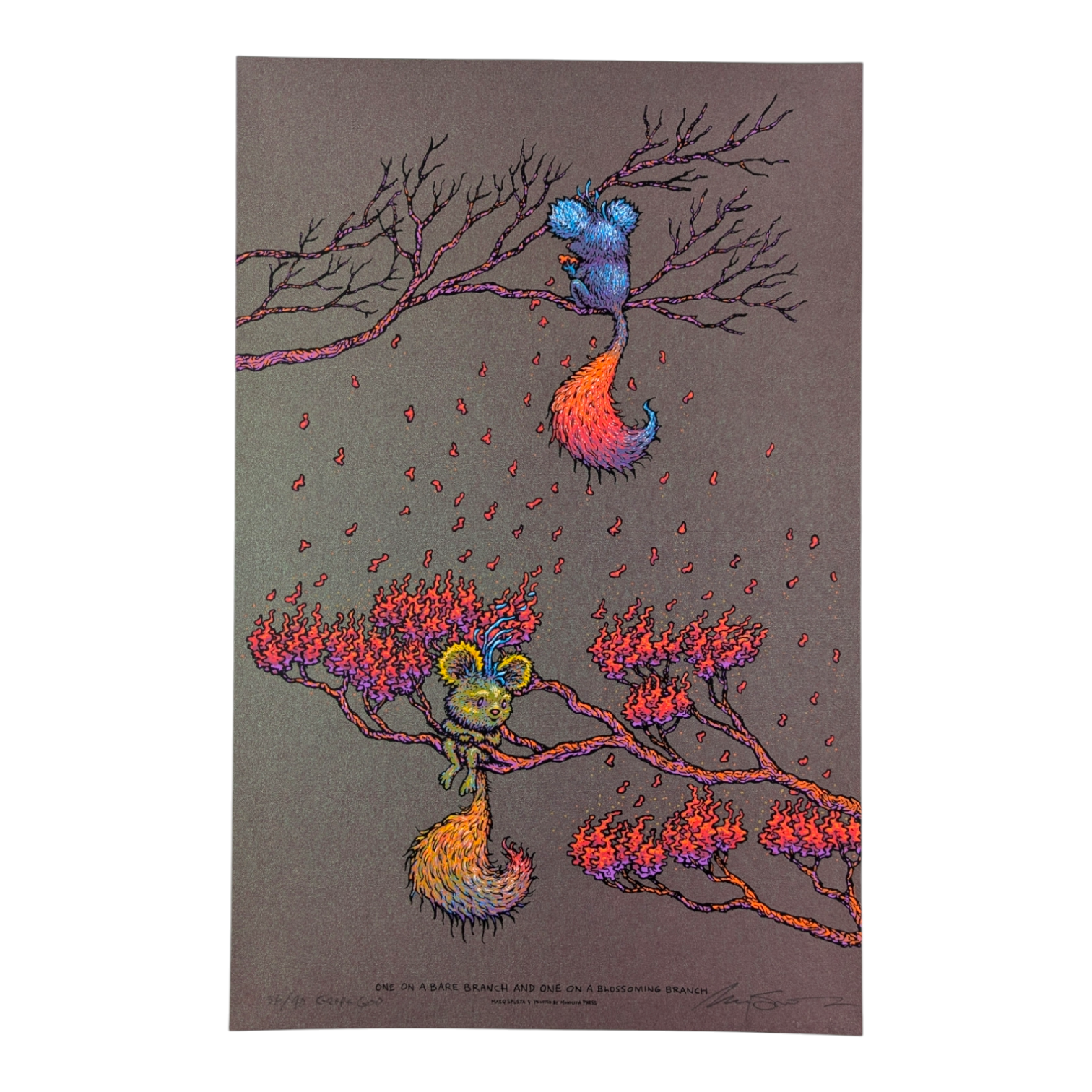 Marq Spusta
One on a Bare Branch and One on a Blossoming Branch (Grape Goo), 2022
Screen print 
11 x 17 in
Edition of 90

Hand Signed + numbered by the artist