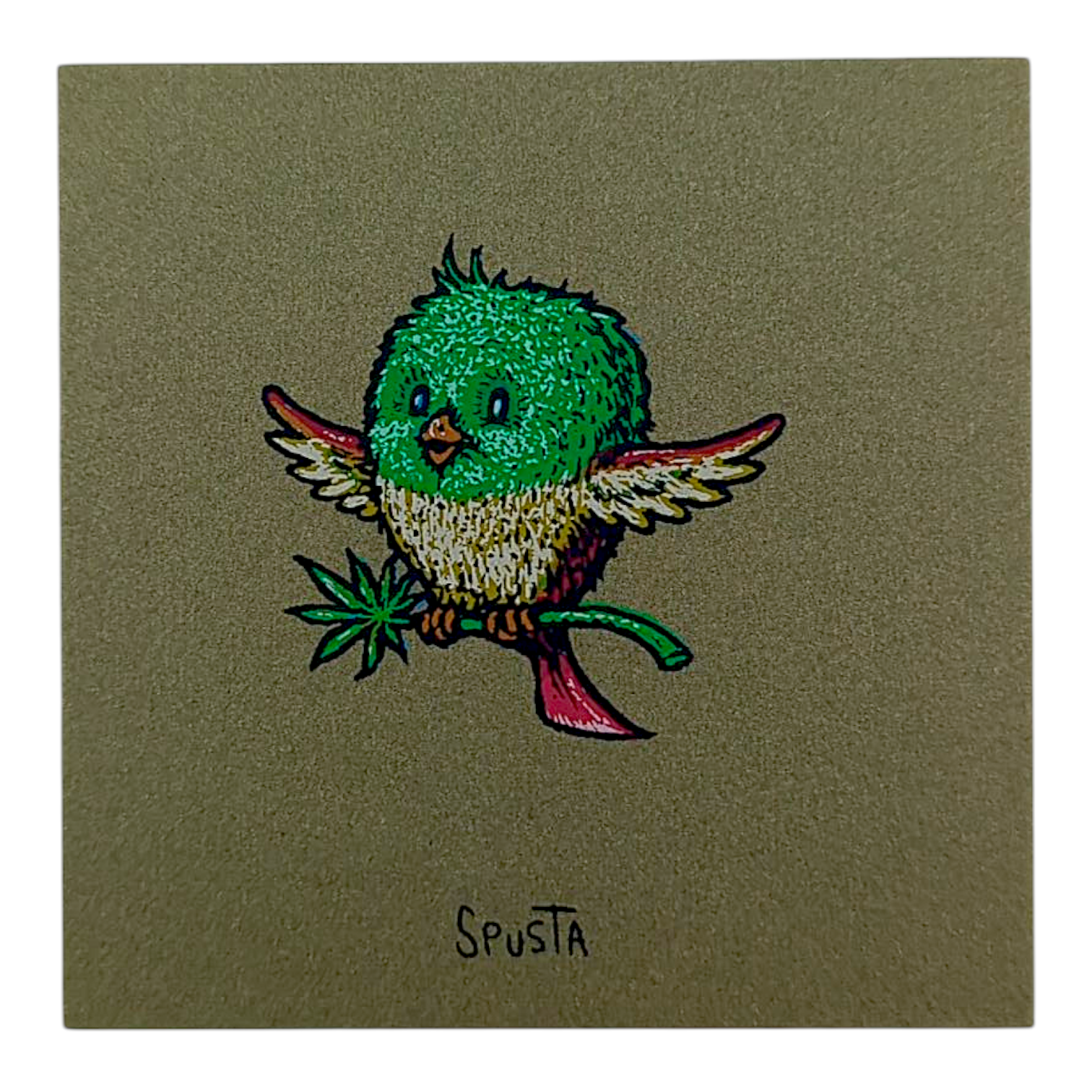Marq Spusta Pot Bird (Olive Shimmer) Screen print 3 x 3 in Plate signed