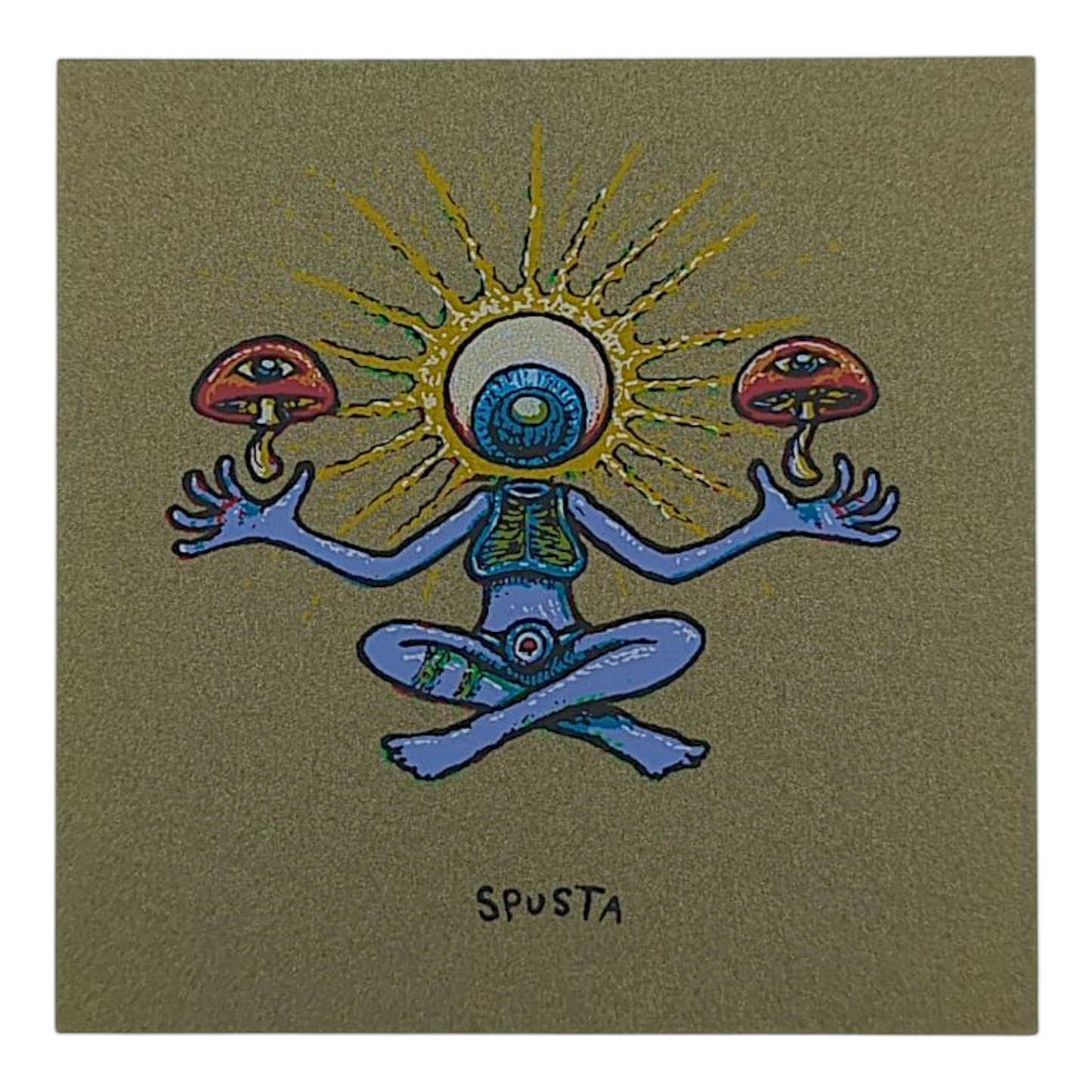Artistic depiction of a figure with outstretched arms holding mushrooms against a green background, signed 'Spusta'.
