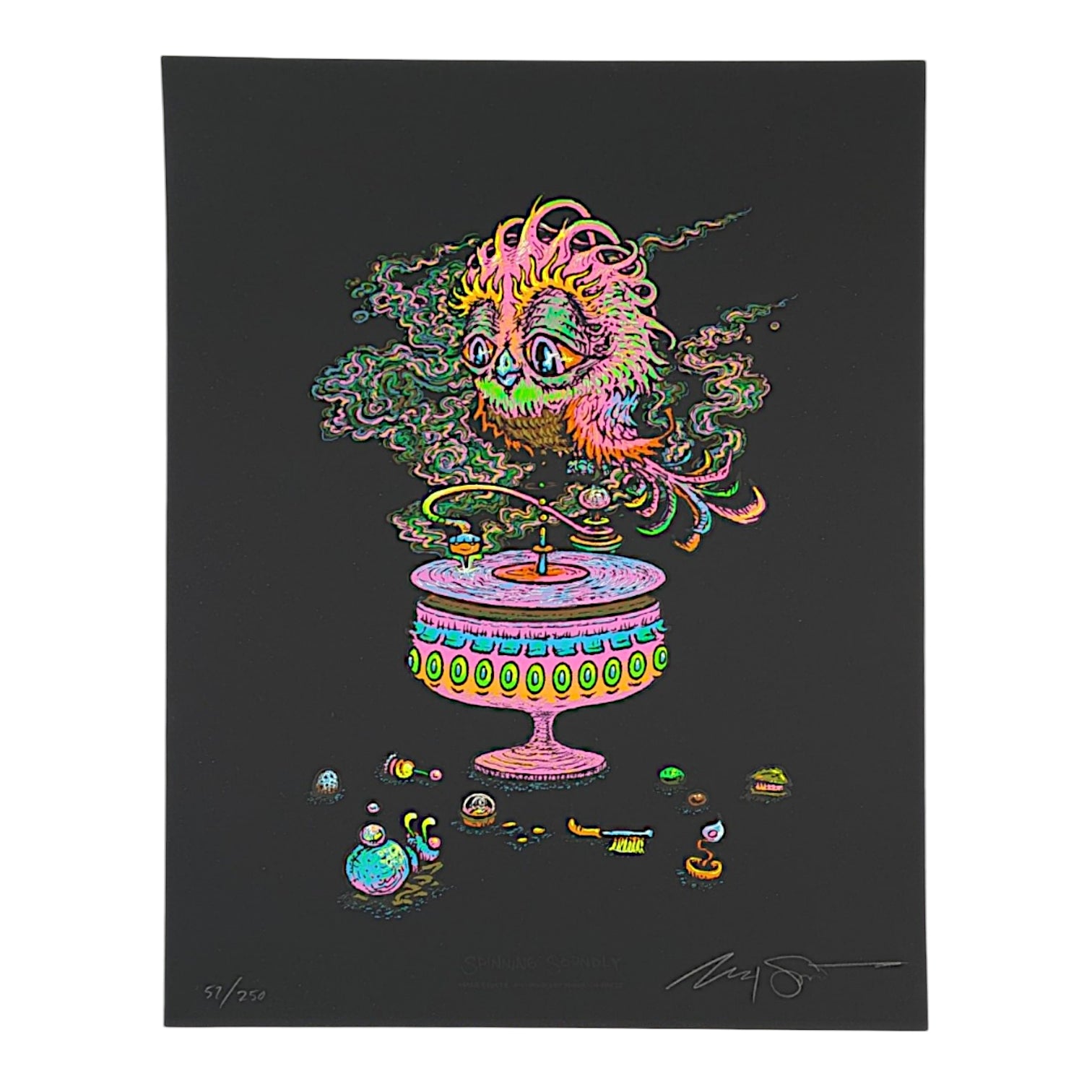 Marq Spusta
Spinning Soundly (Black Rubber), 2025
Screen print
11 x 14 in
Edition of 250

Hand signed + numbered by the artist