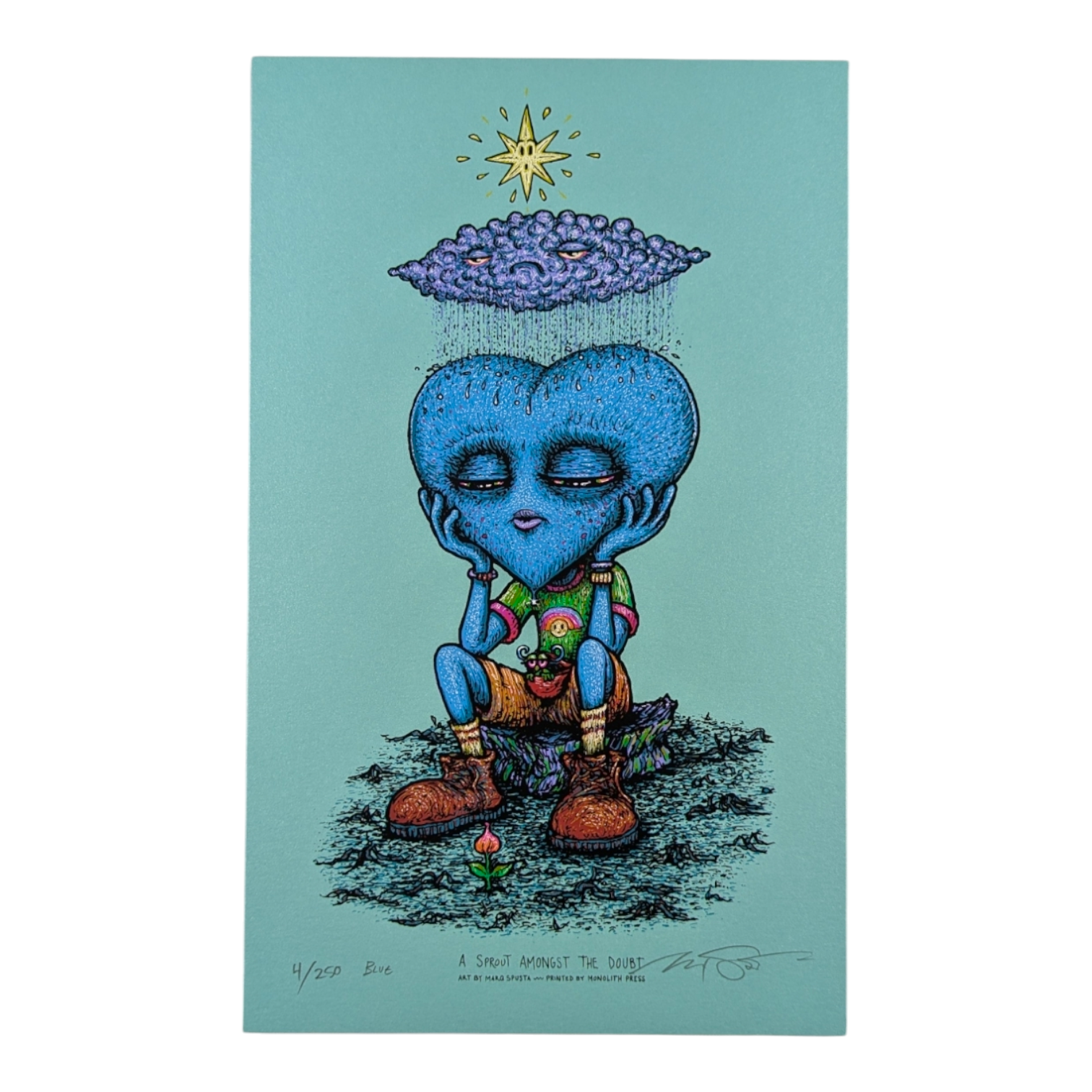 Marq Spusta
A Sprout Amongst the Doubt (Blue), 2020
Screen print 
8 x 13 in
Edition of 250

Hand Signed by the artist + numbered by the artist