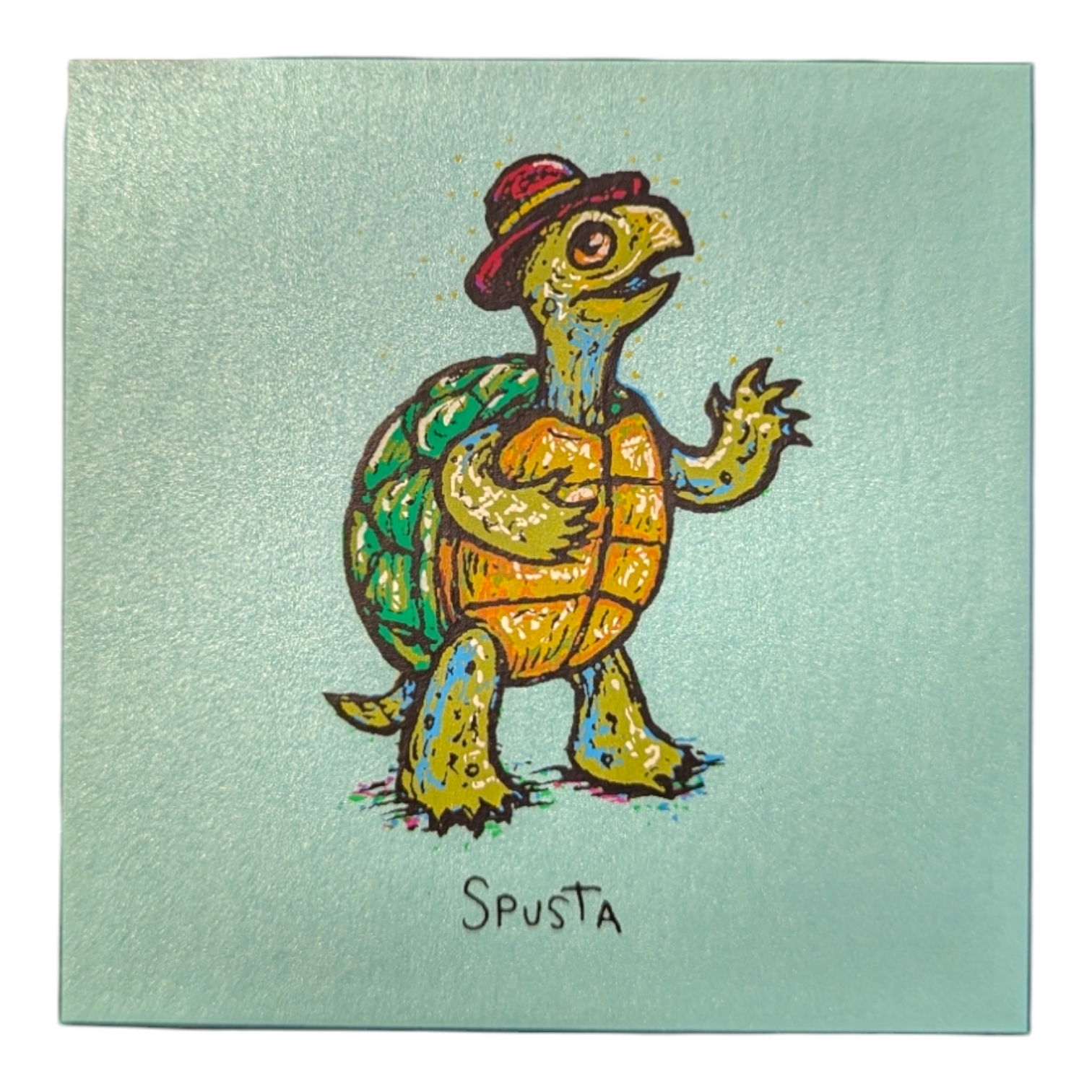 Marq Spusta Turtle with Hat (Aqua Shimmer), 2016 Screen print  3 x 3 in  Plate signed