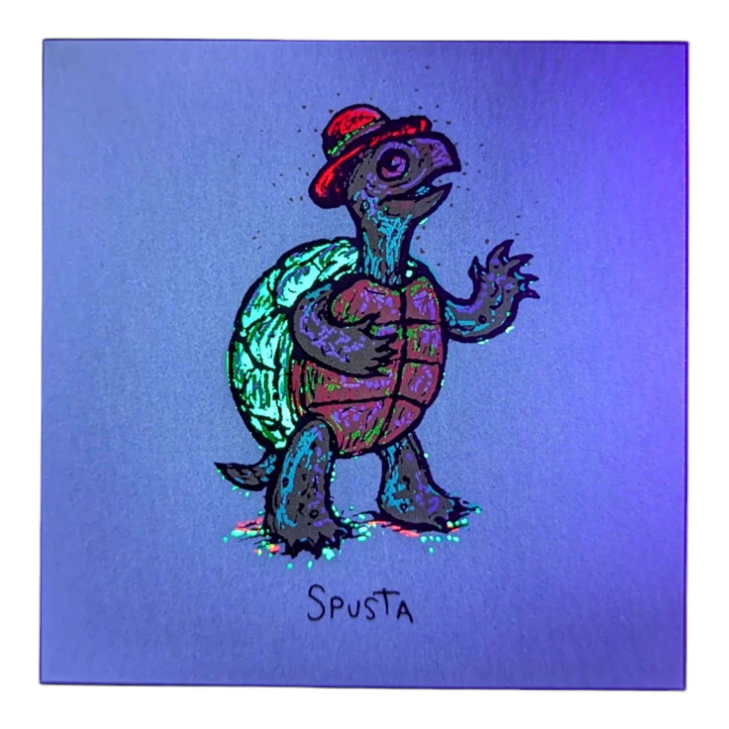 Marq Spusta Turtle with Hat (Aqua Shimmer), 2016 Screen print  3 x 3 in  Plate signed