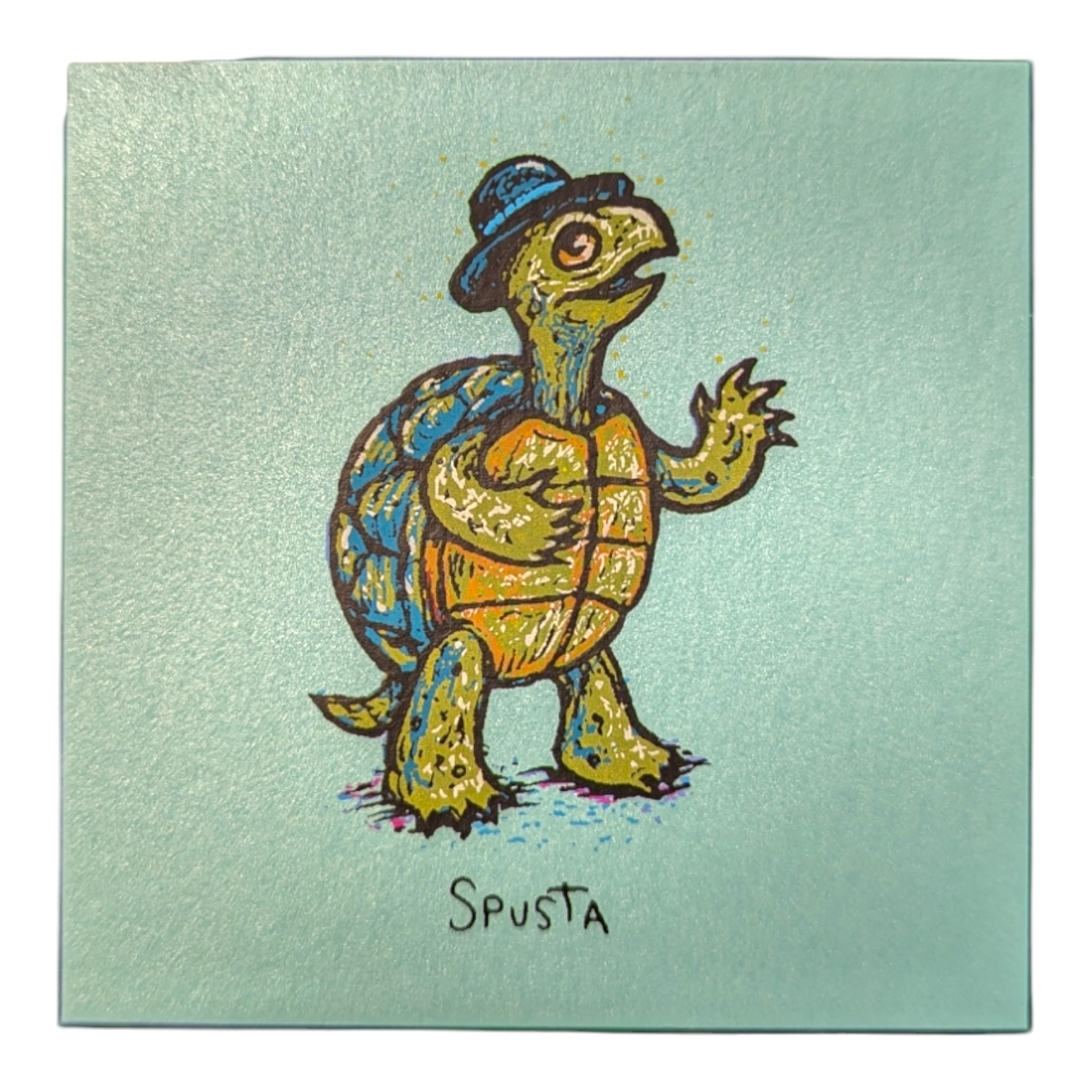 Marq Spusta Turtle with Hat (Aqua Shimmer), 2016 Screen print  3 x 3 in  Plate signed