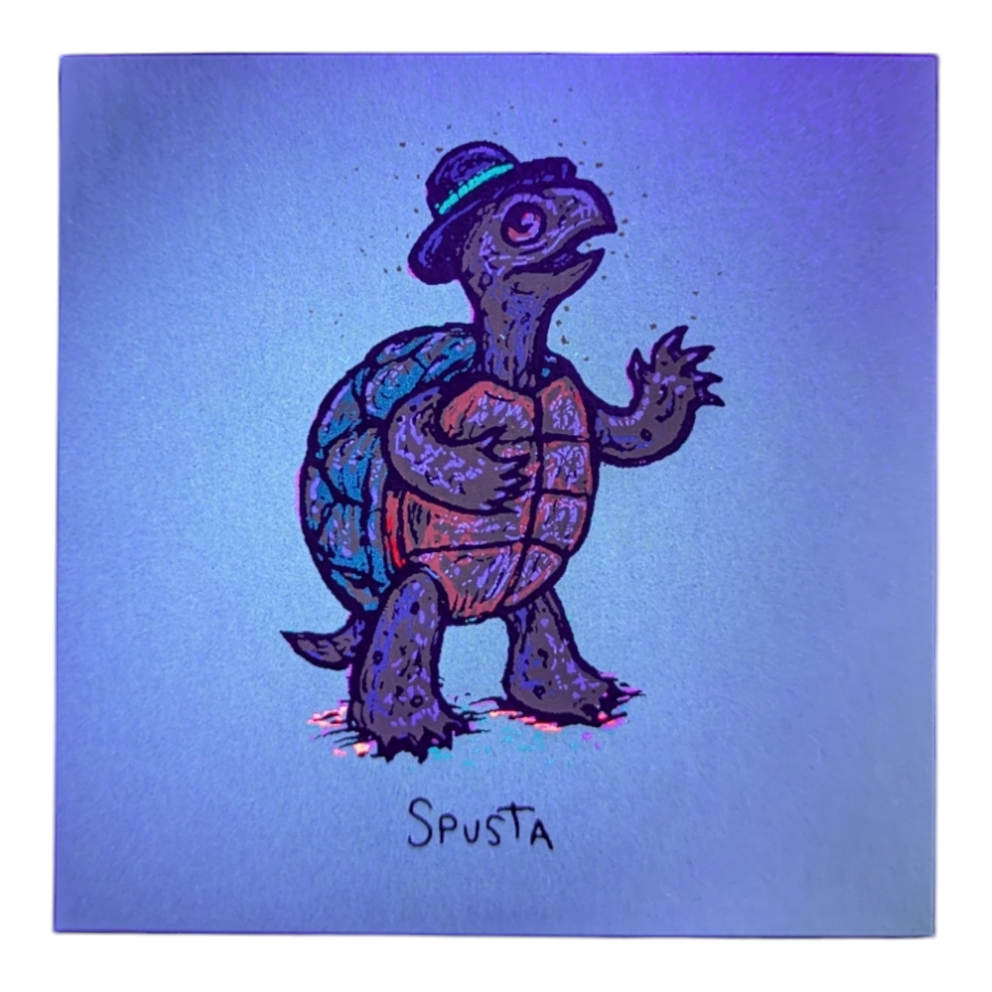 Marq Spusta Turtle with Hat (Aqua Shimmer), 2016 Screen print  3 x 3 in  Plate signed