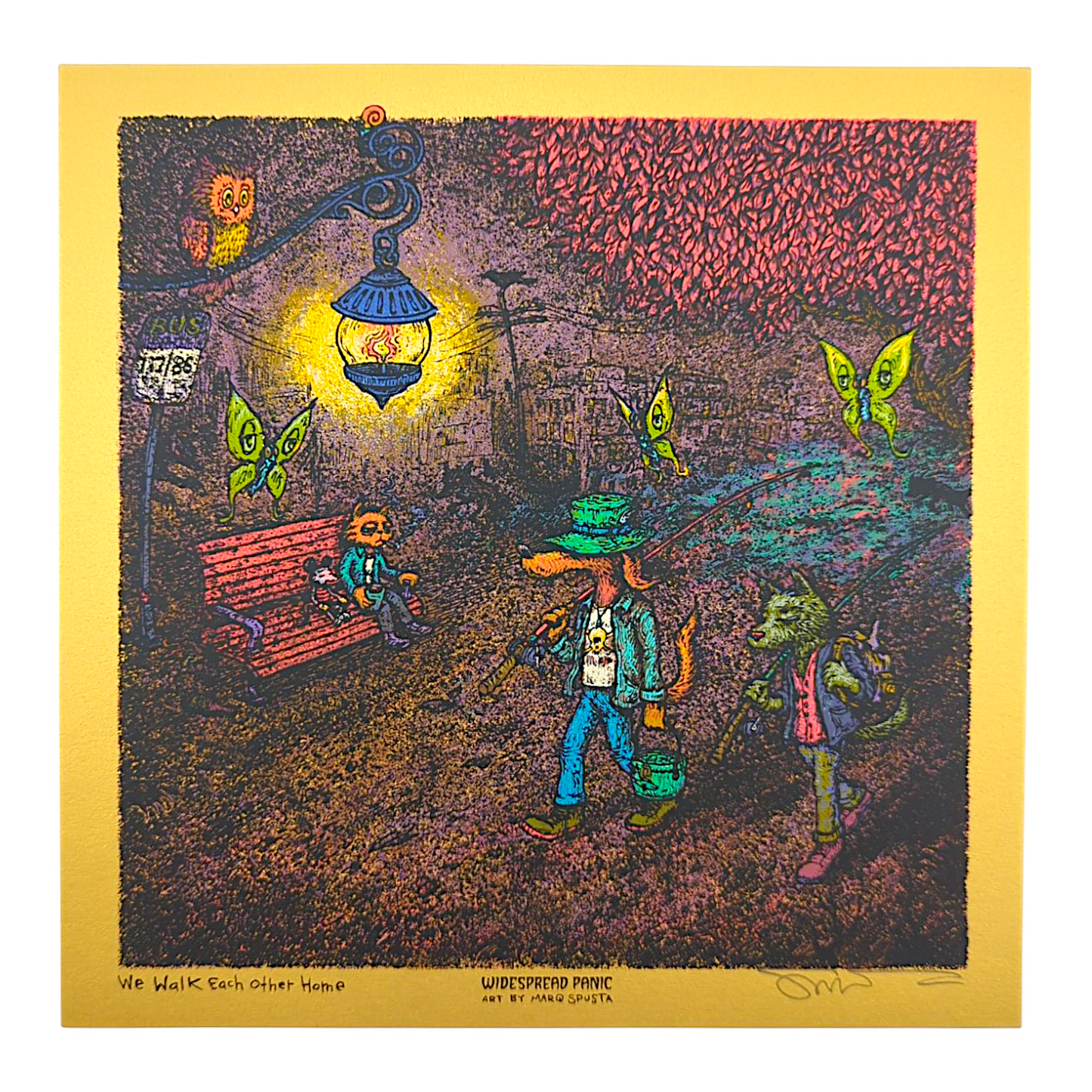 Marq Spusta
We Walk Each Other Home (Gold), 2025
Screen print 
8 x 8 in

Hand Signed by the artist. Imagery is from the singles cover art from the Widespread Panic album, Snake Oil King.