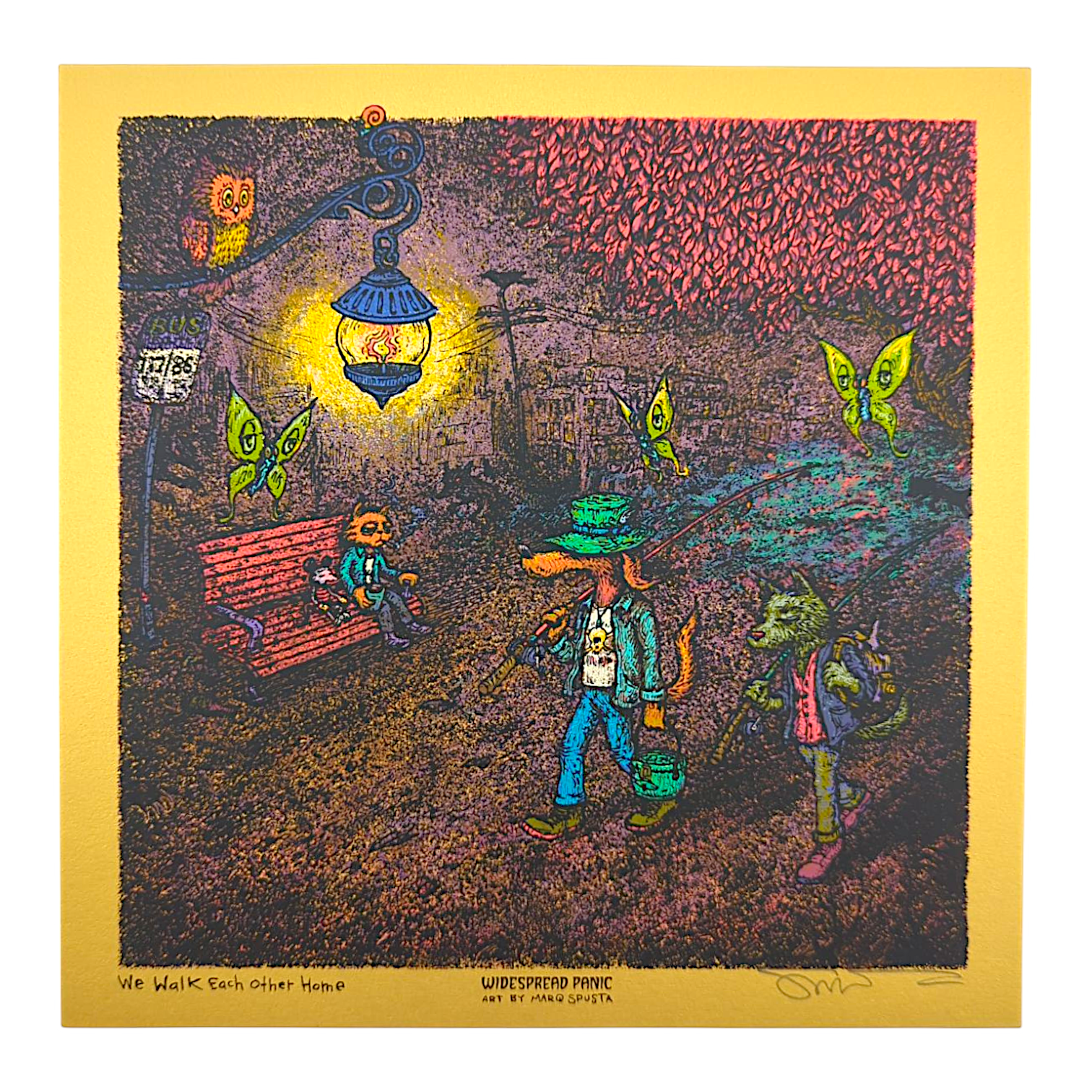 Marq Spusta
We Walk Each Other Home (Gold), 2025
Screen print 
8 x 8 in

Hand Signed by the artist. Imagery is from the singles cover art from the Widespread Panic album, Snake Oil King.