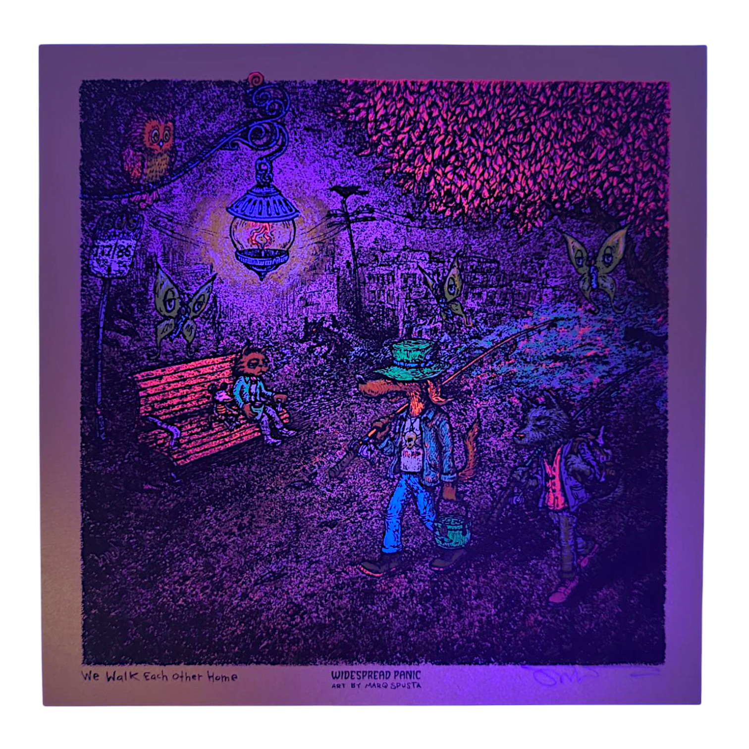 Marq Spusta
We Walk Each Other Home (Gold), 2025
Screen print 
8 x 8 in

Hand Signed by the artist. Imagery is from the singles cover art from the Widespread Panic album, Snake Oil King.