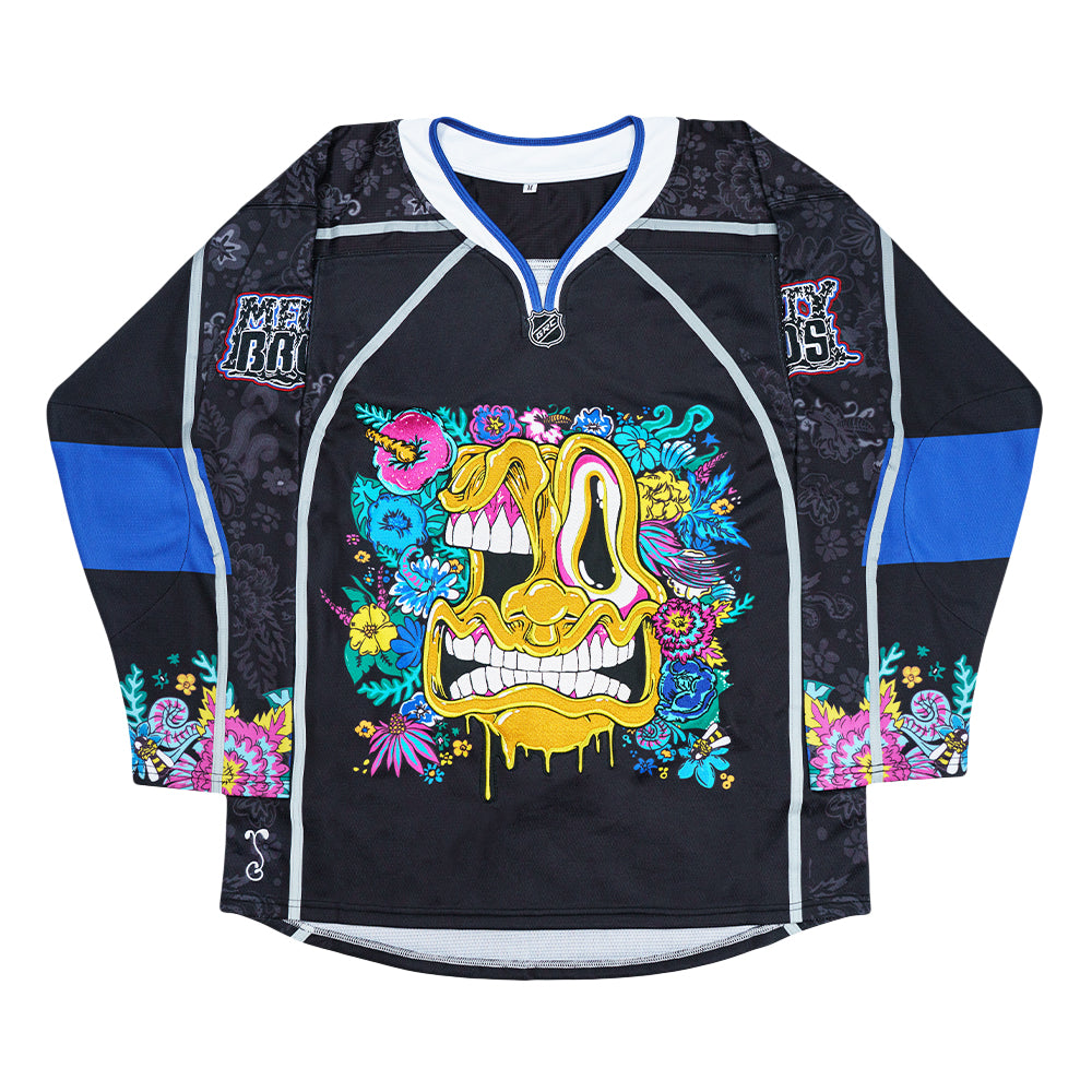 Melty Bros (Aaron Brooks x Vincent Gordon) Black Hockey Jersey LE:250
- Exclusive Melty Bros artwork designed by Aaron Brooks and Vincent Gordon 
- High quality embroidery and construction 
- Limited edition of 250 
- Premium materials with a comfortable, game ready feel 
- Signature Grassroots detailing throughout 