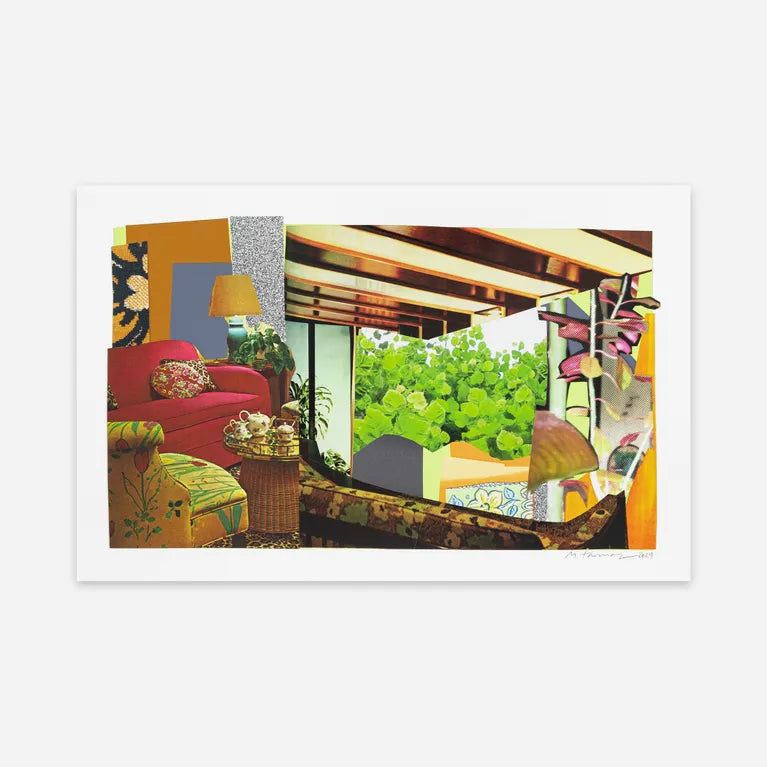 Mickalene Thomas
Interior: Red Couch and Landscape, 2024
UV pigment print on 410gsm Somerset Tub Sized Radiant White paper with 2 silkscreen metallic shimmer and glitter layers, 2 satin and gloss detail layers and a matte varnish silkscreen seal
Edition of 379

Hand signed by the artist (lower right corner) + numbered (lower left corner). Accompanied by Certificate of Authenticity.