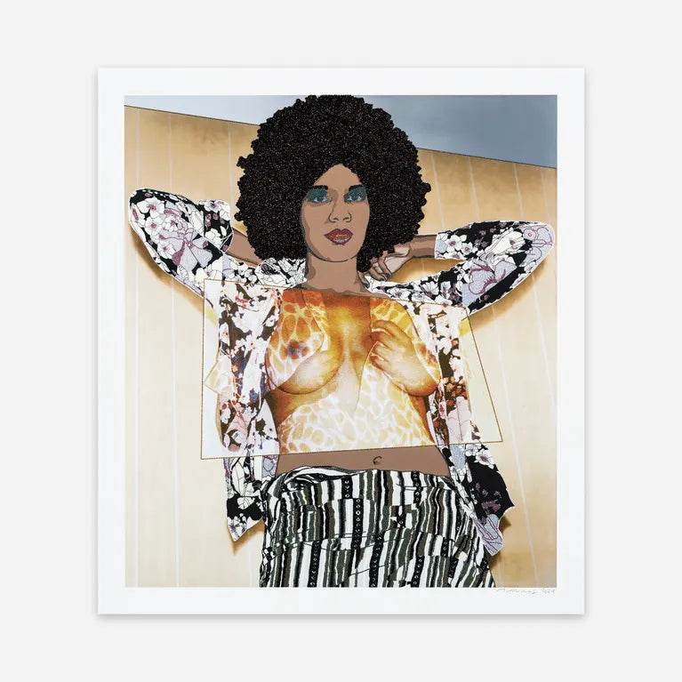 Mickalene Thomas
Maya, 2024
UV pigment print on 410gsm Somerset Tub Sized Radiant White paper with 4 metallic silkscreen glitter and shimmer layers, a CMYK silkscreen central panel and matte varnish seal
23.35 x 20.67 in
Edition 732

Hand signed by the artist (lower right corner) + numbered (lower left corner). Accompanied by Certificate of Authenticity.