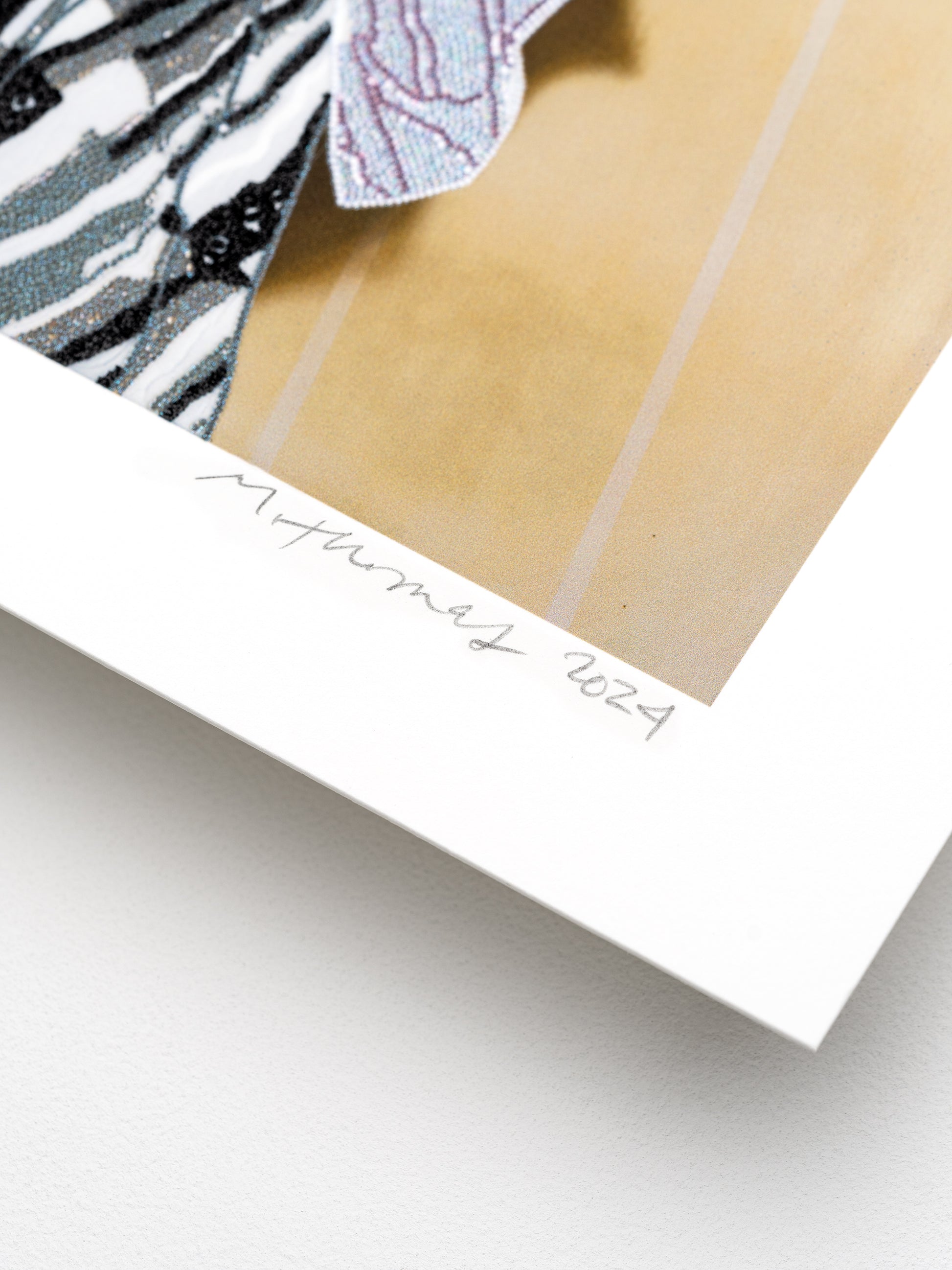 Mickalene Thomas
Maya, 2024
UV pigment print on 410gsm Somerset Tub Sized Radiant White paper with 4 metallic silkscreen glitter and shimmer layers, a CMYK silkscreen central panel and matte varnish seal
23.35 x 20.67 in
Edition 732

Hand signed by the artist (lower right corner) + numbered (lower left corner). Accompanied by Certificate of Authenticity.