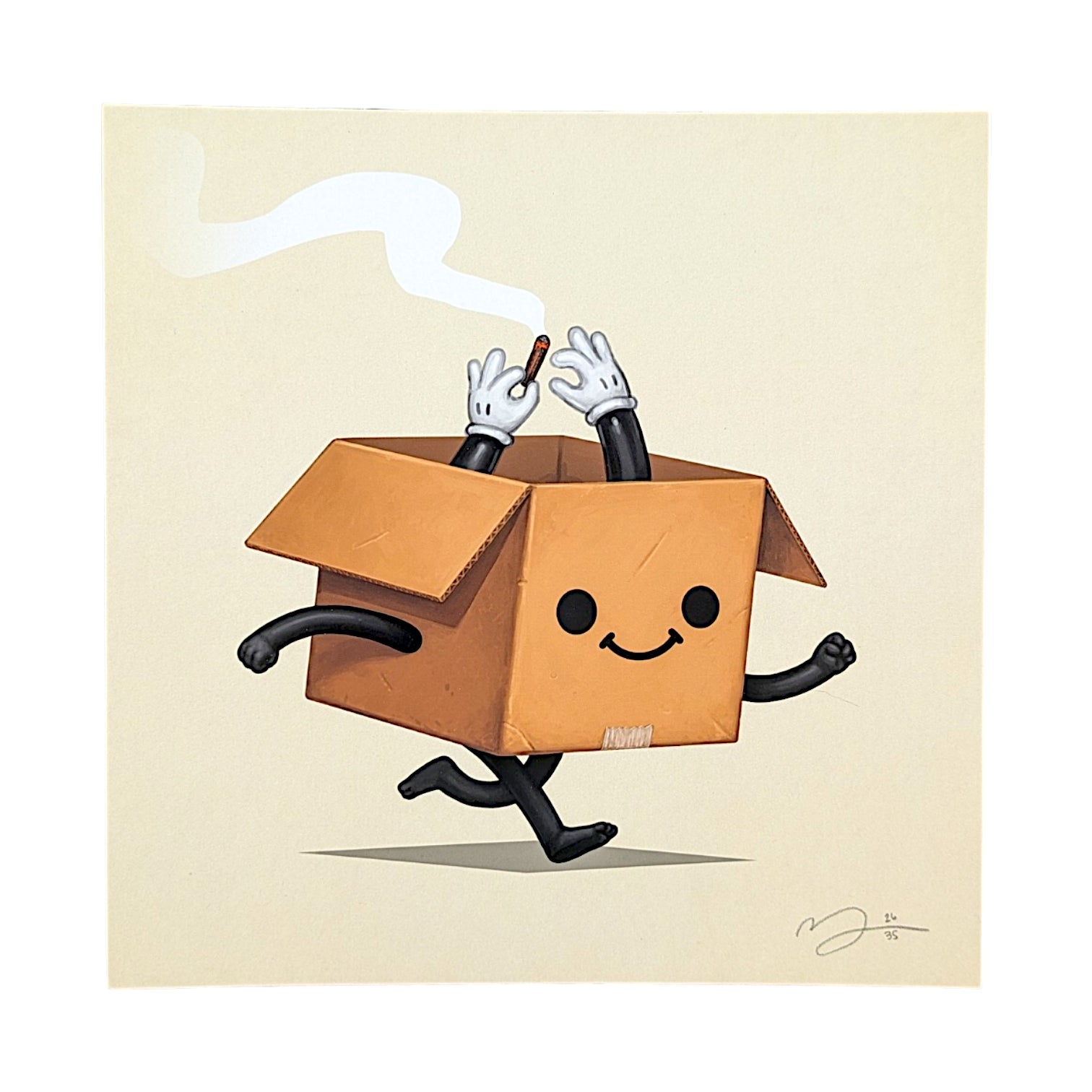A square art print by Sir Mike Mitchell featuring a cartoon-style brown cardboard box character with black limbs, white gloved hands holding a lit cigarette, and a white smoke trail on a warm beige background. The print is shown against a clean white border.