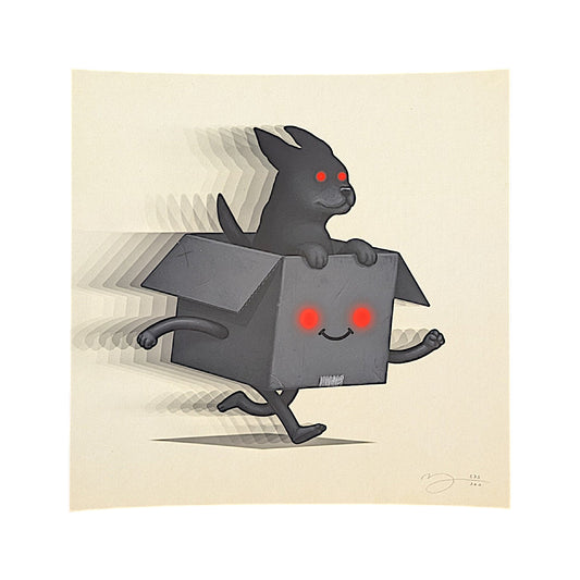 A square art print by Sir Mike Mitchell featuring a black cartoon dog peeking out of a black box with glowing red eyes, set against a warm cream background.