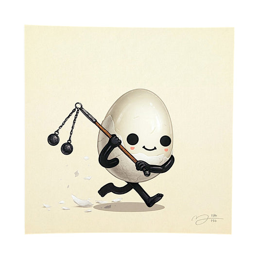 A square art print by Sir Mike Mitchell featuring a cute cartoon egg character with black limbs and eyes, holding a hanging chain tool, on a warm cream background. The print is centered on a white canvas with a small artist signature in the lower right corner.