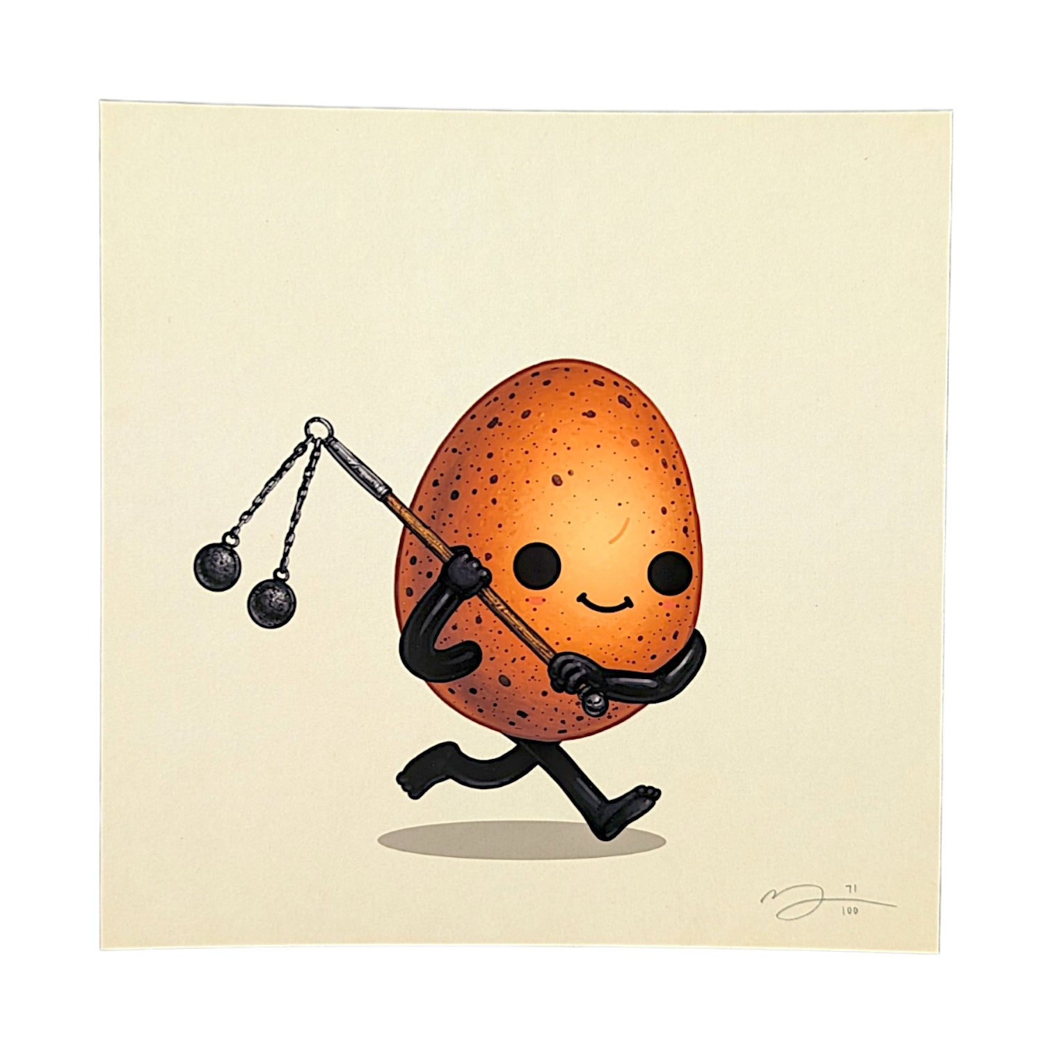 A square art print featuring a cute, cartoon-style orange-brown speckled egg character with black limbs and eyes, holding a toy pendulum stick. The print is centered on a light cream background with a thin white border.