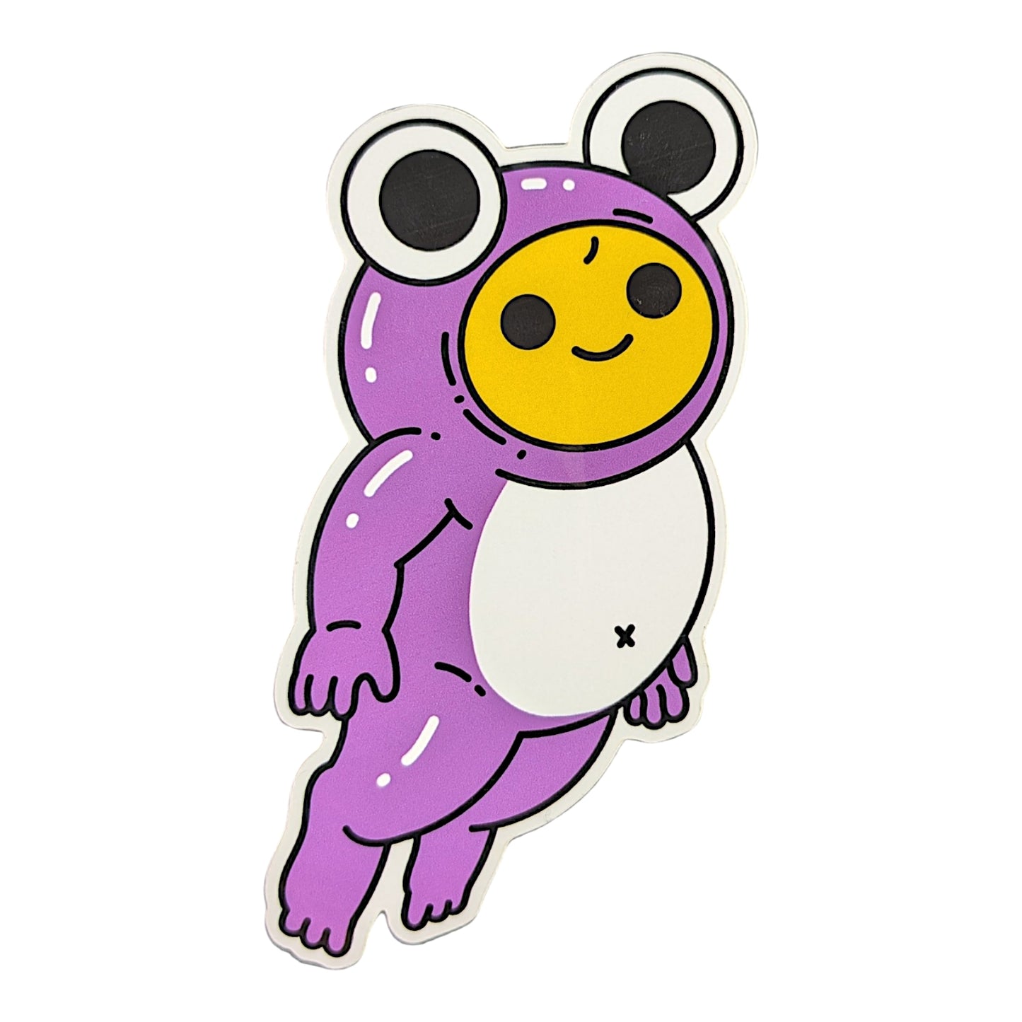 A die-cut sticker featuring a cartoon frog character wearing a purple onesie with a yellow face and white belly, shown on a plain white background.