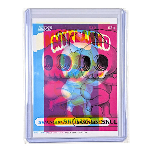 A collectible art card featuring a colorful, stylized cartoon character with the text 'MIKELAND' and 'SWANGIN' SKULLY', housed in a clear protective plastic sleeve against a white background.