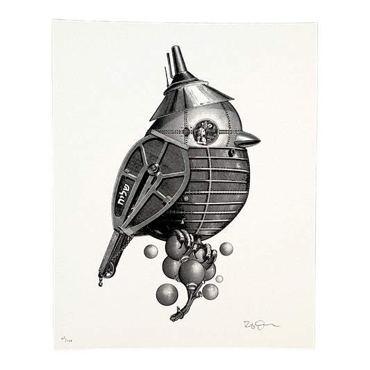 A black and white art print featuring a whimsical steampunk-style bird shaped like a submarine, with metallic details, Hebrew lettering on the side, and floating spherical elements, shown on an off-white background.